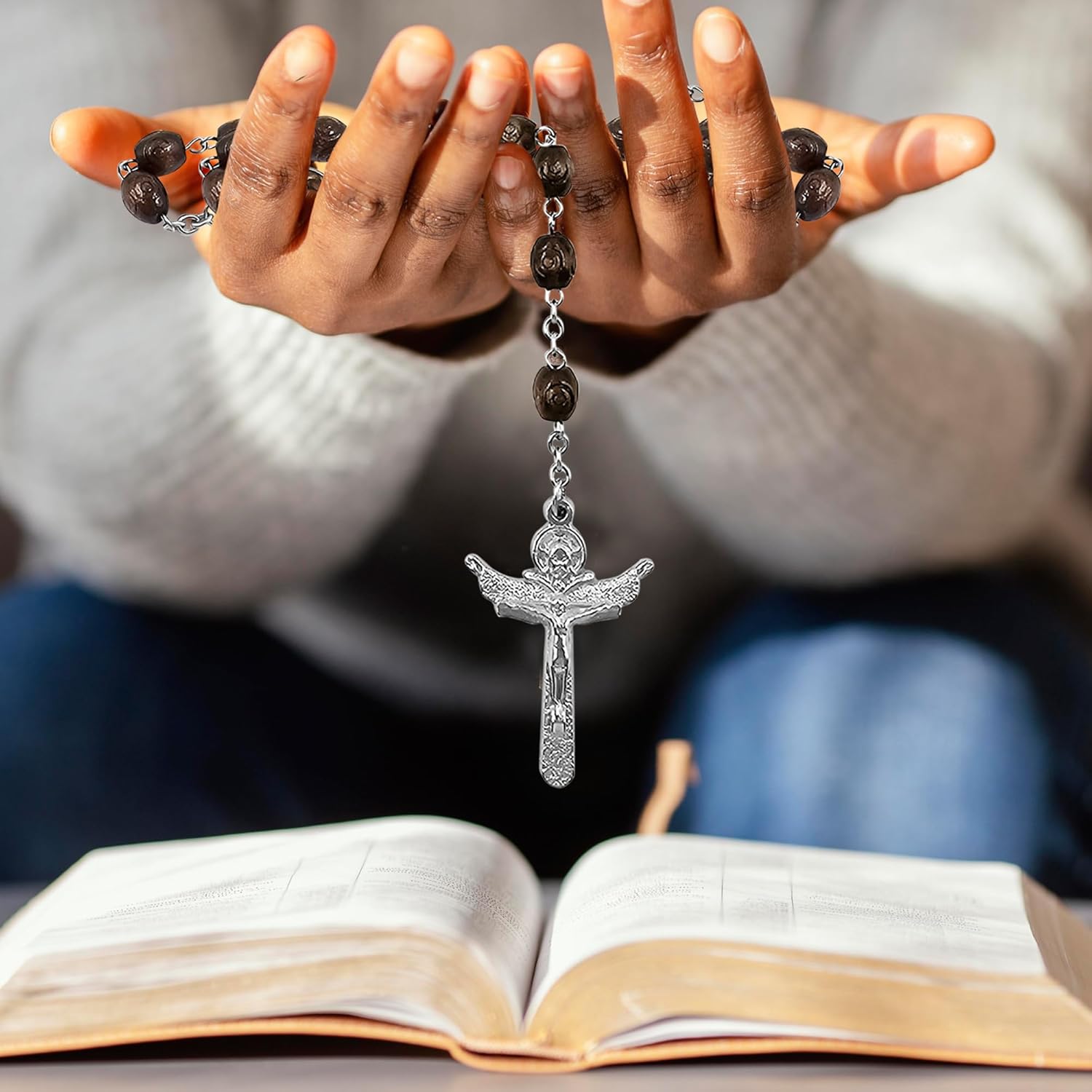 TALISMAN4U Stations of the Cross Rosary Chaplet Carved Wooden Beads Catholic Necklace for Men Women Holy Trinity Crucifix Cross Religious Gift Jewelry with Rosary Box & Prayer Booklet - Image 3