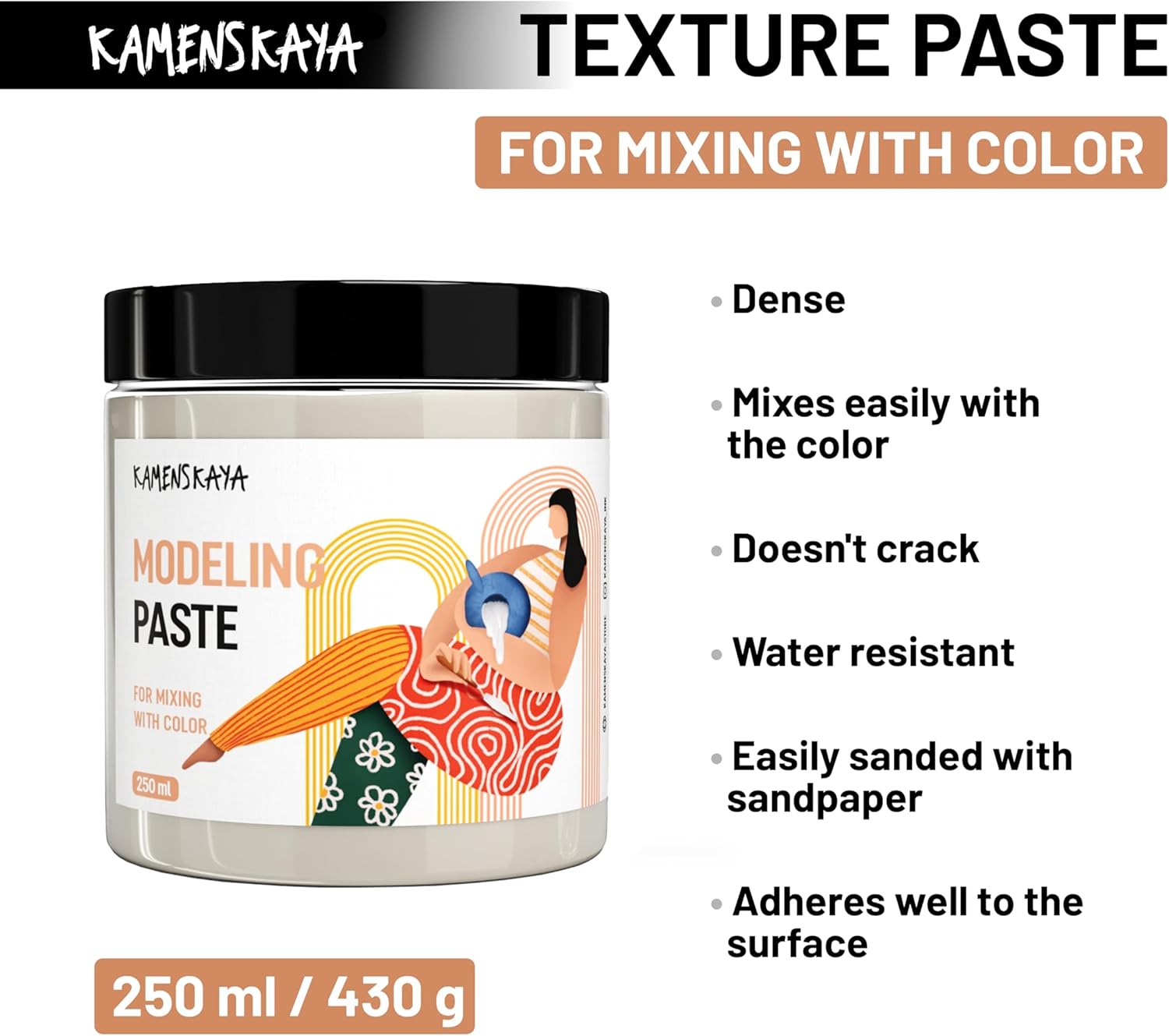 KAMENSKAYA Modeling Paste 8.45 oz / 250 ml – Non-Cracking Acrylic Texture Paste for Canvas, High Density Medium for Acrylic Painting, Impasto & 3D Textured Art, Made in EU