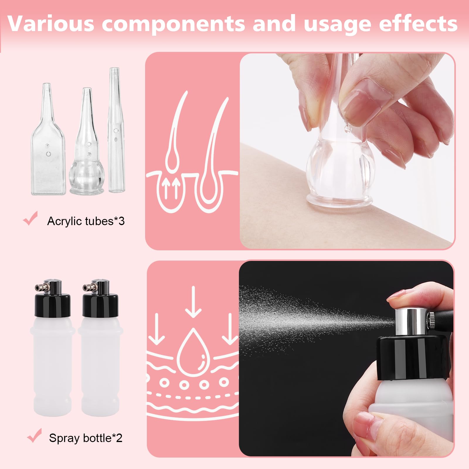 3 in 1 Dispositivo di dermoabrasione professionale, barra magica speciale per centri estetici, flaconi spray, tubi di vetro sottovuoto e altre attrezzature professionali per (Rosa)
