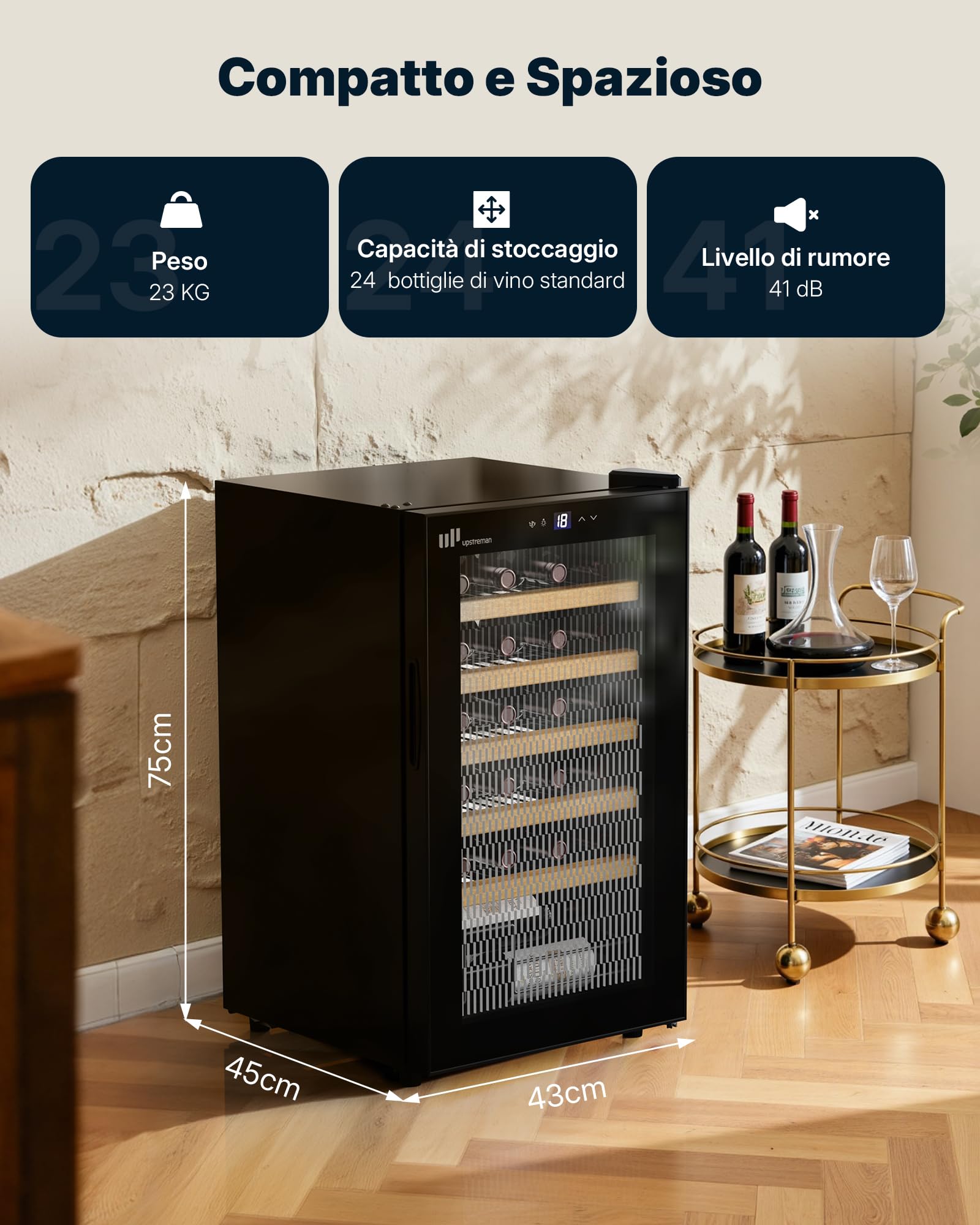Upstreman Cantinetta Vino, 24 Bottiglie, Temperatura Regolabile 5°C - 20°C, da Incasso o Sottobanco, Doppio Vetro Isolante, Display Touch, Illuminazione LED, 5 Ripiani, Nero W24