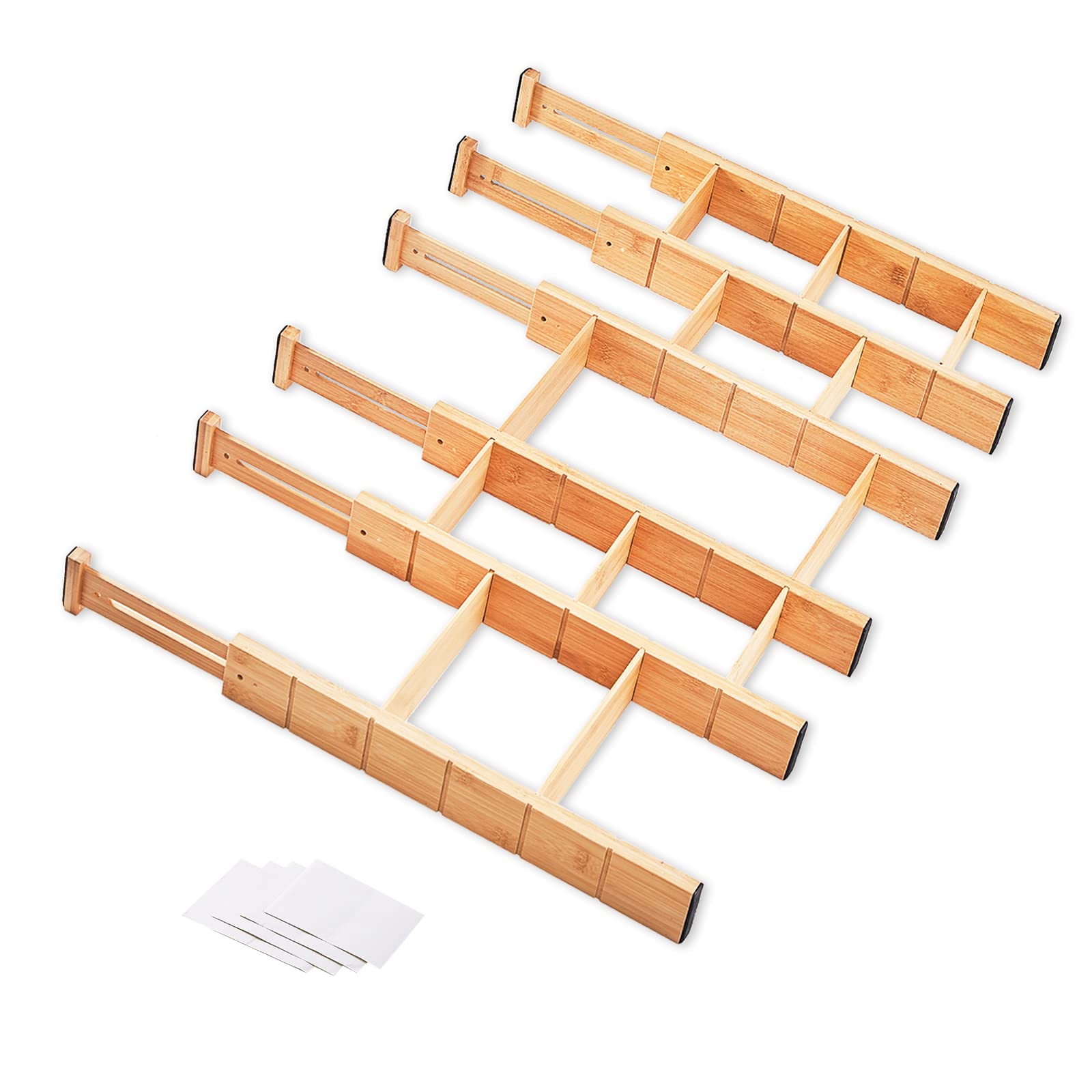 Bamboo Drawer Dividers Organizers, Adjustable Kitchen Drawer Organizer with Inserts and Labels, Expandable Drawer Organization for Kitchen, Bedroom, Bathroom, Dressers, and Office, 6 Dividers with 12 Inserts (17-22 in)