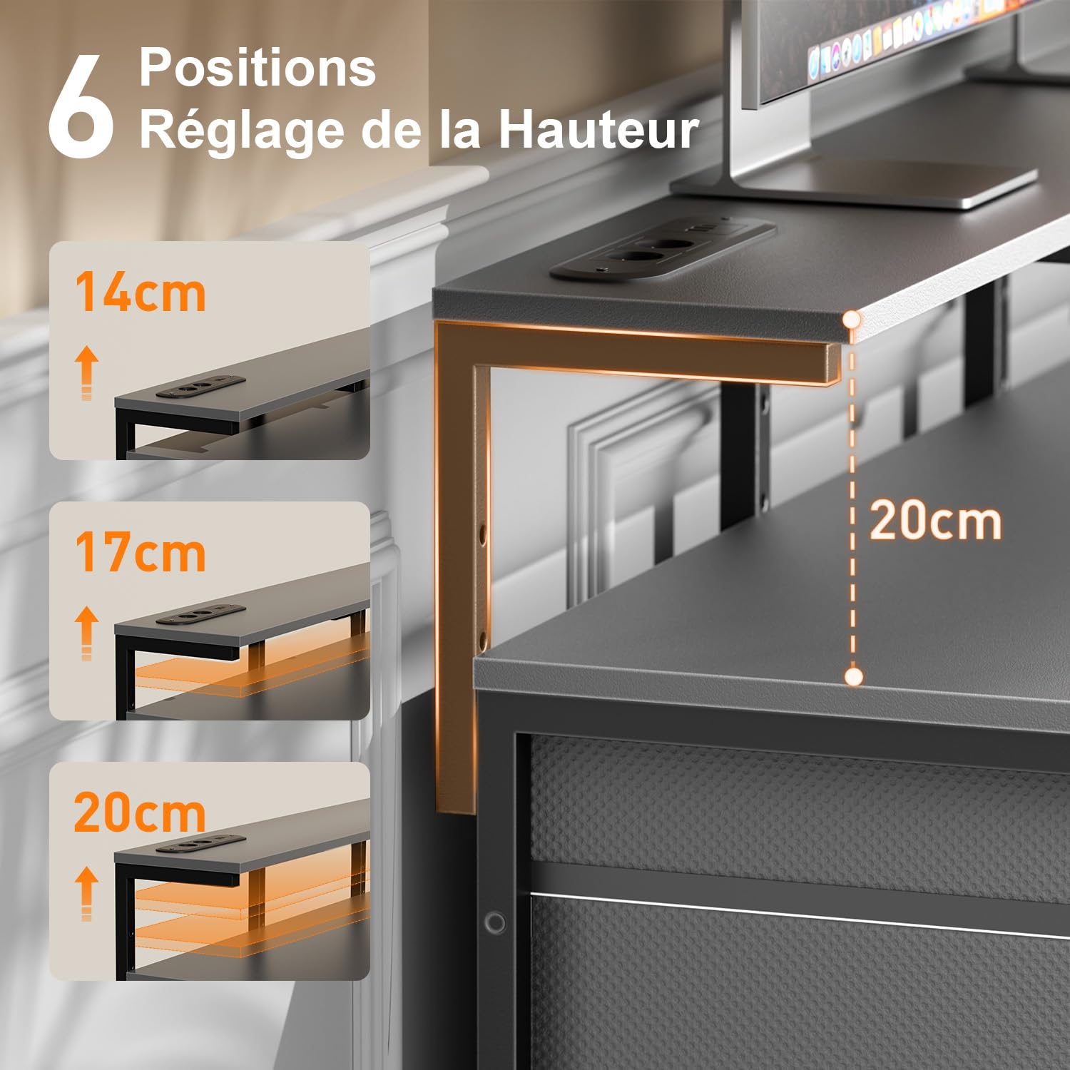 HLFURNIEU LED Bureau avec 8 Tiroirs en Tissu, 120 × 50 cm Bureau Gaming avec Rangement, Prise Intégrée & Ports USB, Table Ordinateur Support Ecran, pour Étudier, Travailler et Jouer, Table Gamer Gris