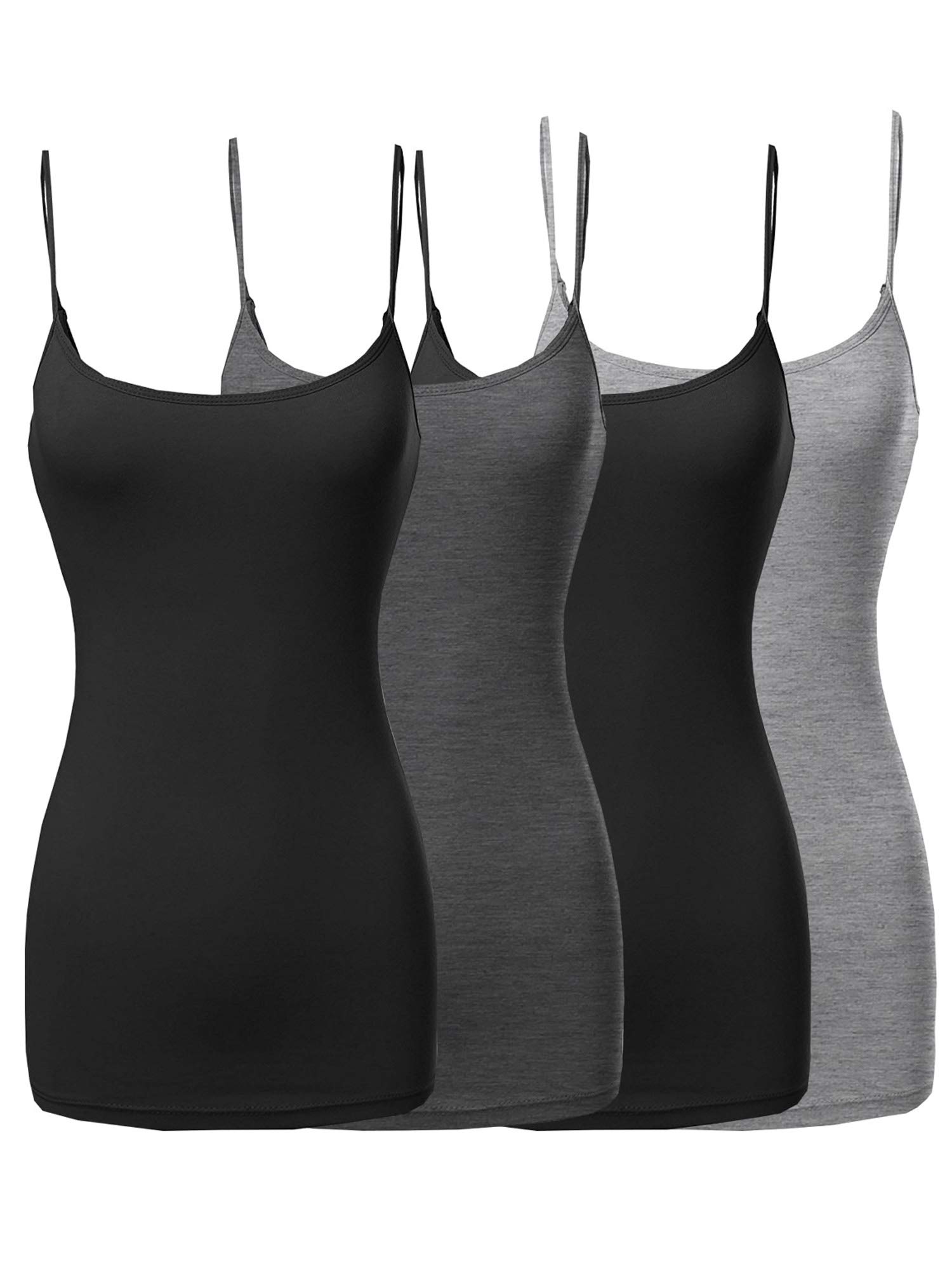 The Lovely Womens Juniors Basic Solid Long Length Adjustable Spaghetti Strap Tank Top 4PK - Black Black Charcoal