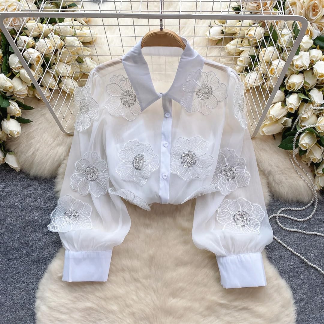 Chemisier à paillettes pour femme - Manches longues - Style décontracté - Transparent
