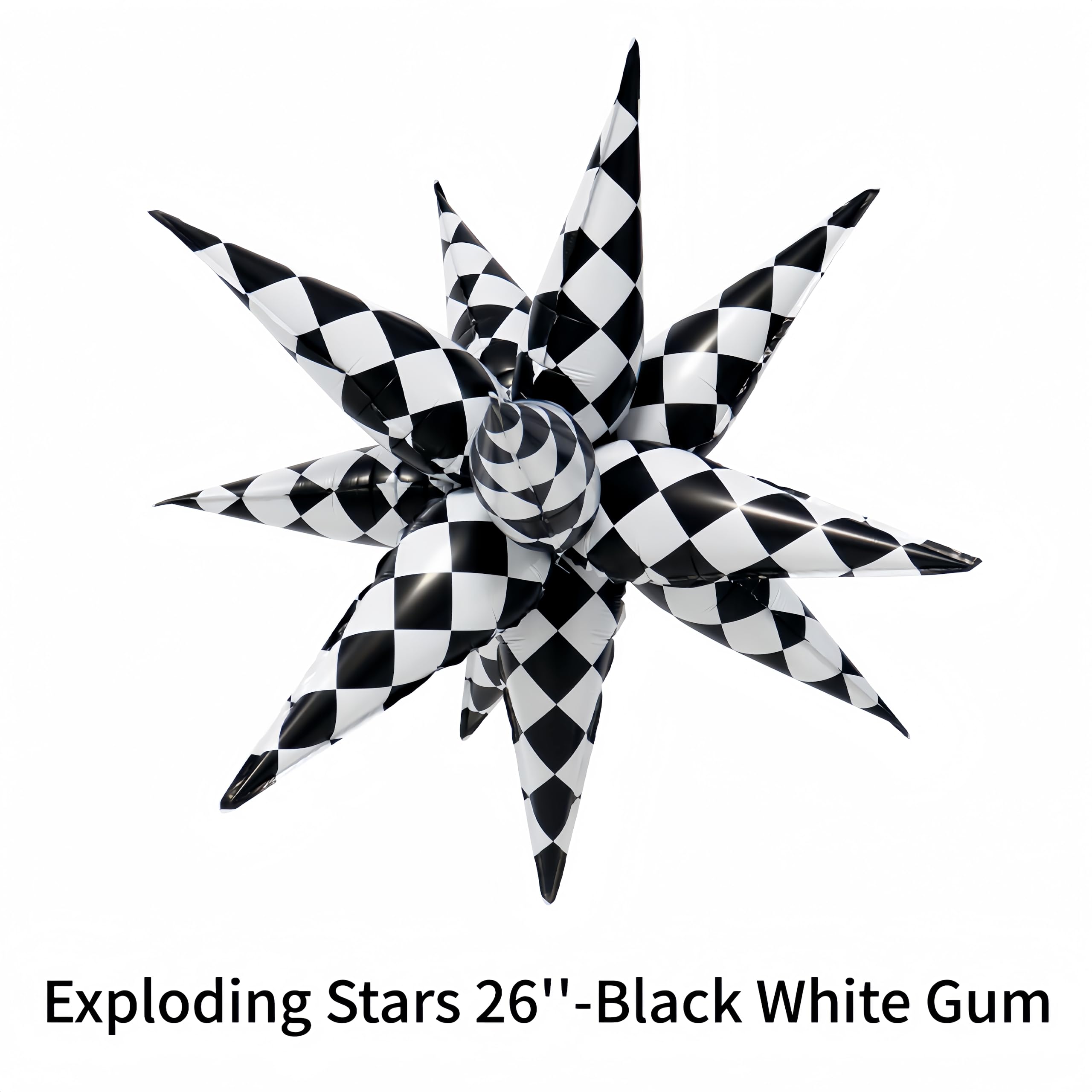 2*12 Pcs Black White Checkered Explosion Pointed Star Foil Balloons/4D Checkered Racing Balloons/Race Car Birthday Party Supplies/Las Vegas Casino Party/Father's Day Boys Birthday Party (2 Pcs Black)