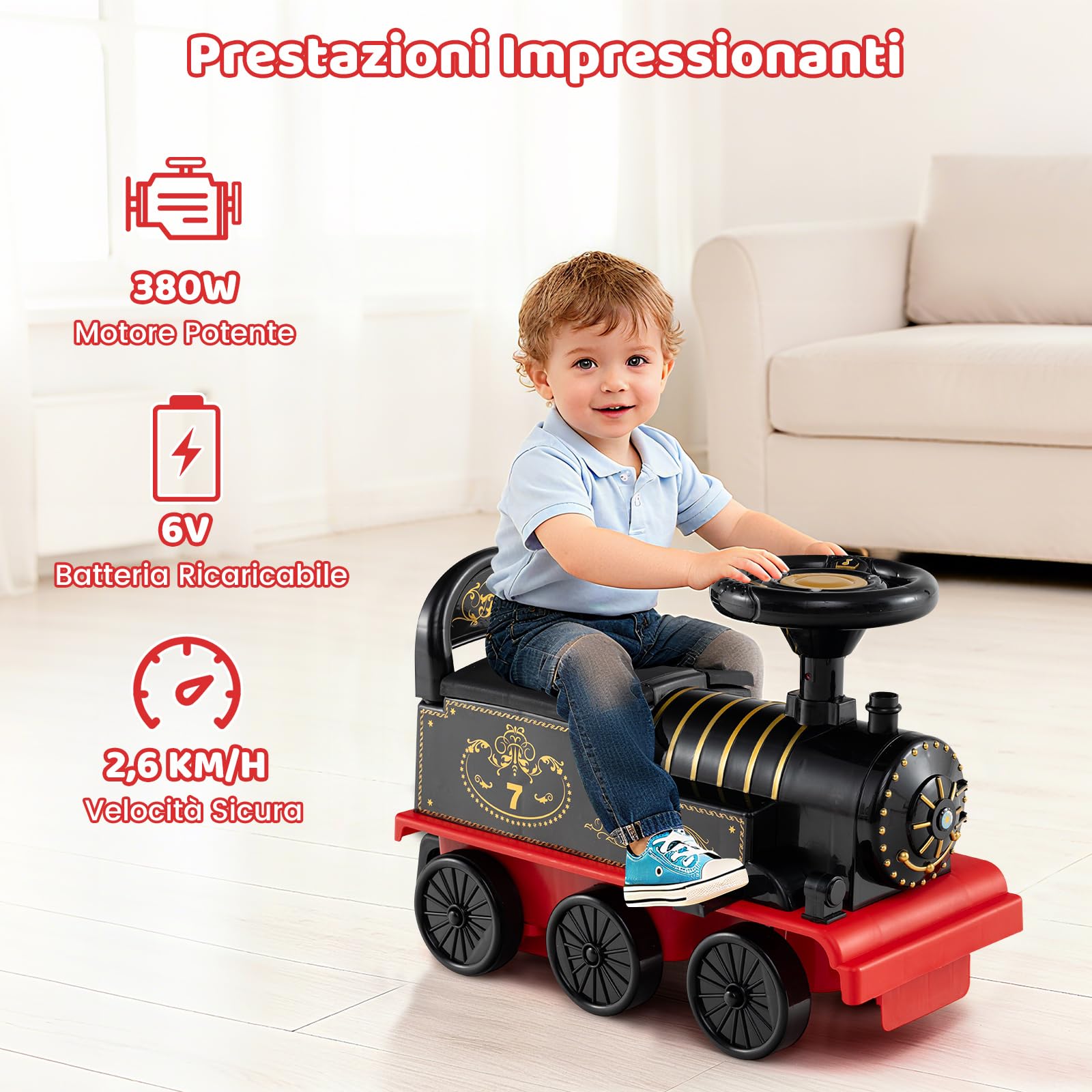 COSTWAY Trenino Elettrico con Vagone, 6V Giocattolo Elettrico a Batteria con Contenitore, Poggiapiedi Estraibili, Musica e Luci LED, Auto Elettrica per Bambini 18+ Mesi