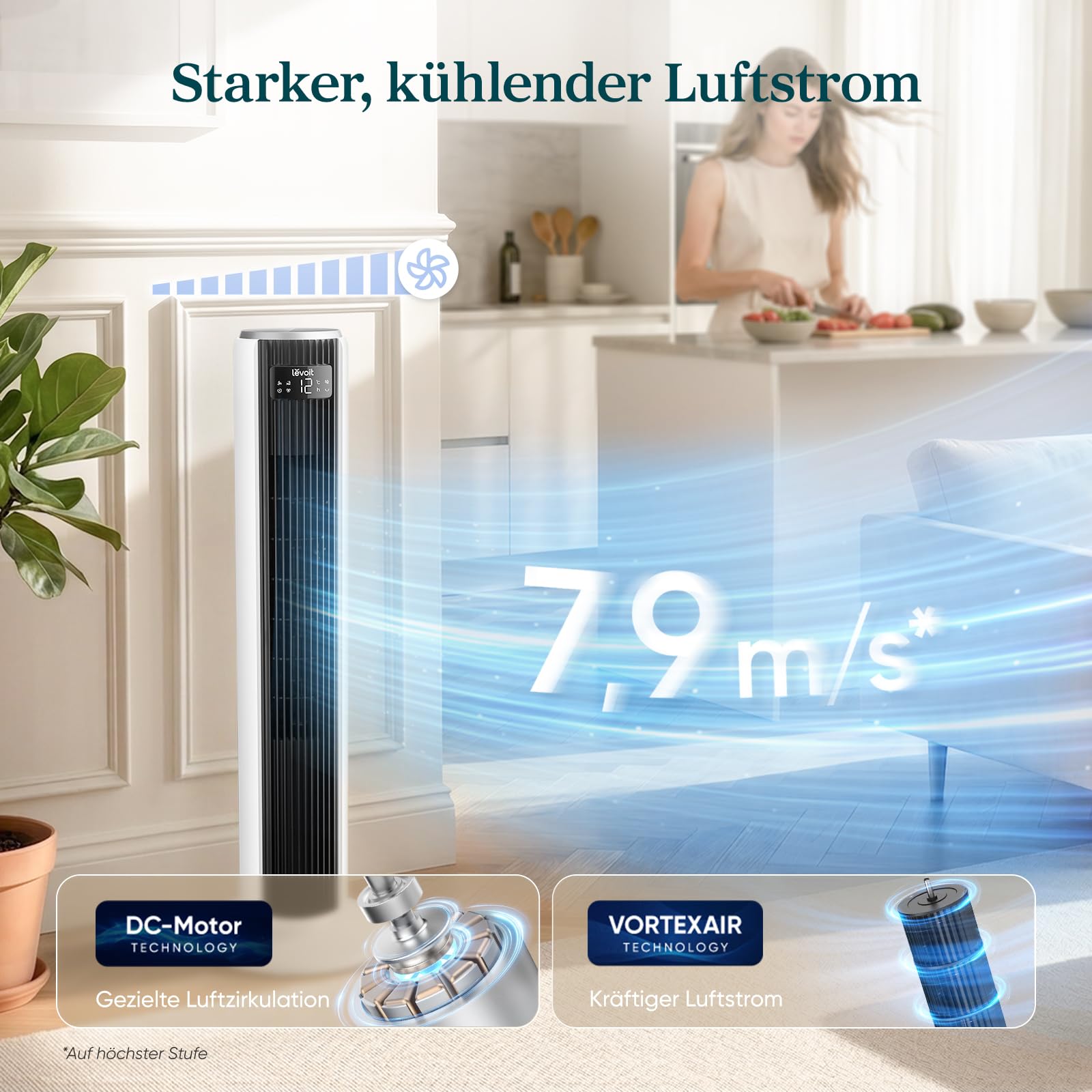 Levoit Tower Fan 92 cm 24W DC Motor 7,9m/s 20dB leiser Ventilator 4 Modi 12 Stufen 12 Std Timer Fernbedienung