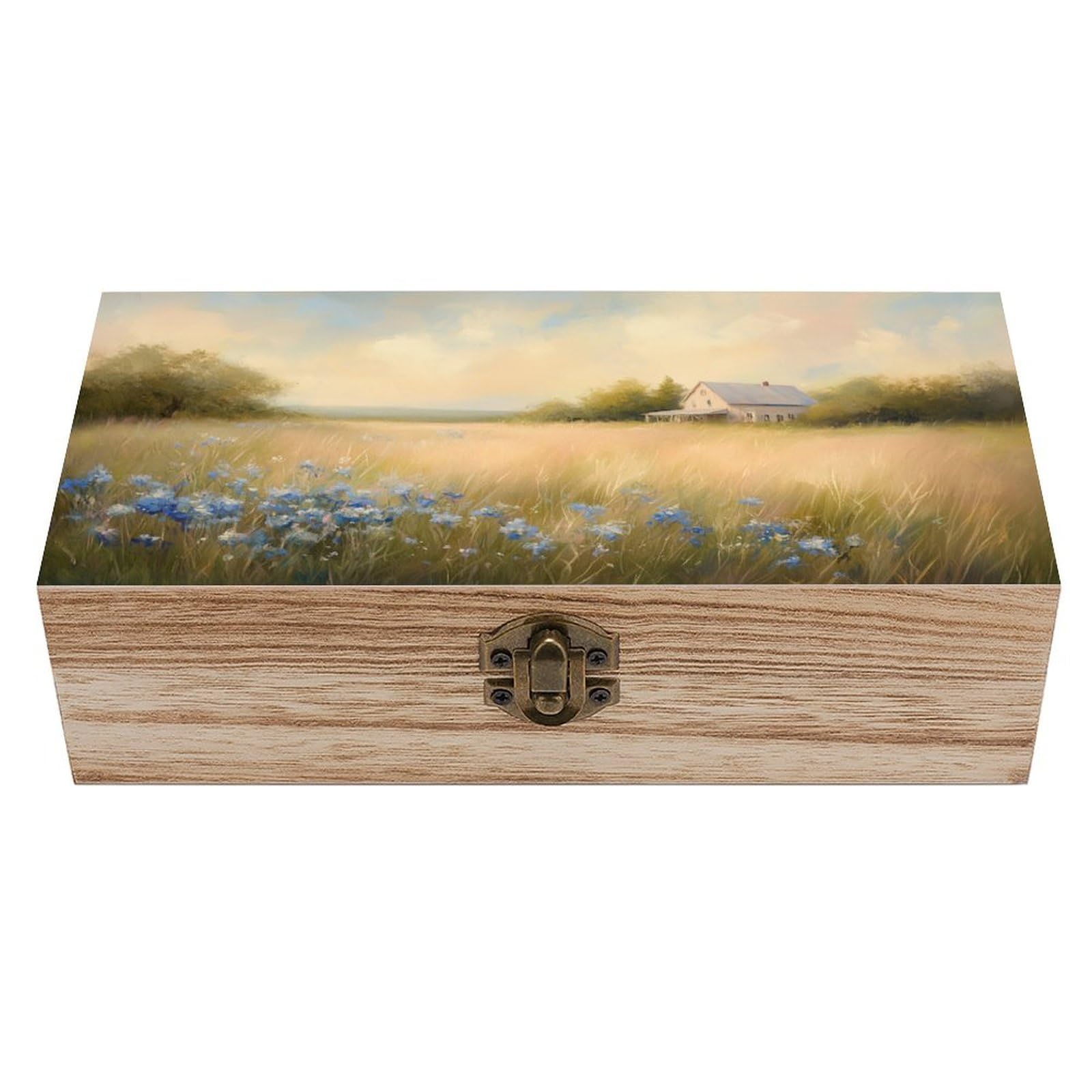 Ahdyr Countryside Meadow Grass Wildflowers Farmhouse Wooden Storage Box with Hinged Lid And Front Clasp Large Keepsake Box