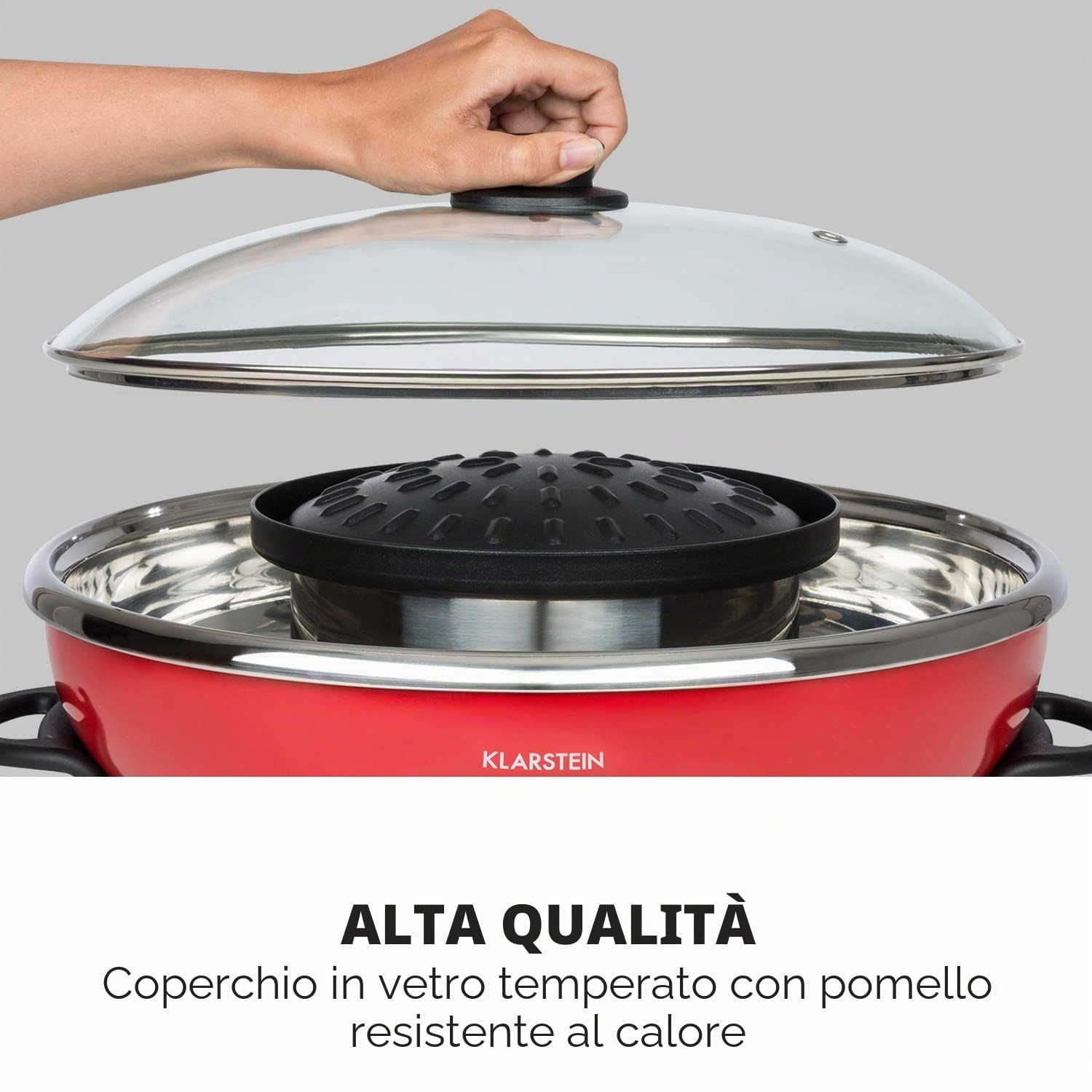 KLARSTEIN Szechuan - Hot Pot e Piastra, Grill Elettrico senza Fumo, Pentola Elettrica Multifunzione, 5 L, Hot Pot: 1350 Watt/38 cm Ø, Piastra: 600 W/22 cm Ø, Elemento Riscaldante in Alluminio, Rosso