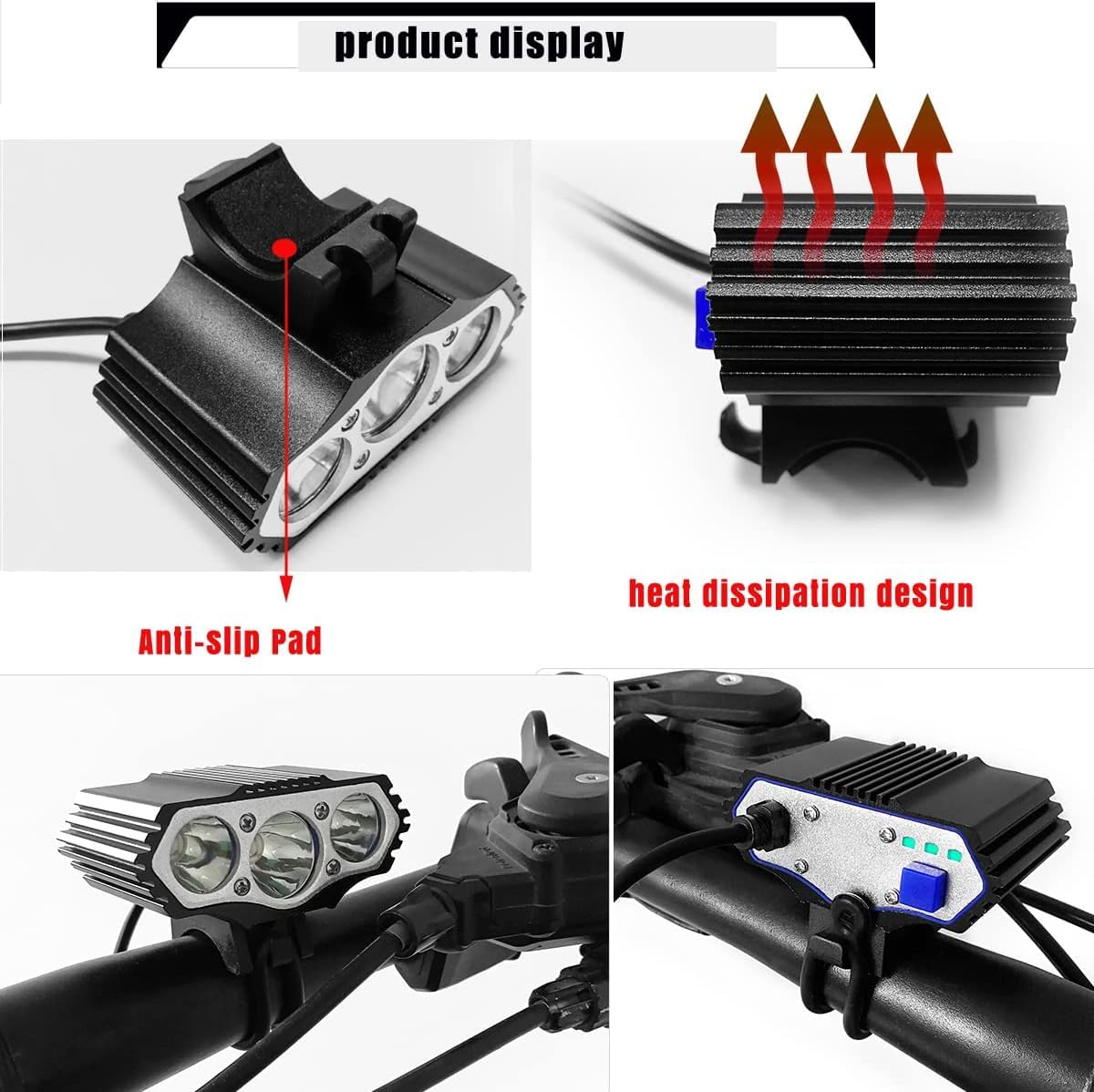 Faro Bicicletta Anteriore led luce luci per Bici Bicicletta MTB,Torcia da testa Lampada frontale Bici Faro,(4 Modalità,3 LED) U2 MAX.6000lm + LUCE POSTERIORE BICICLETTA