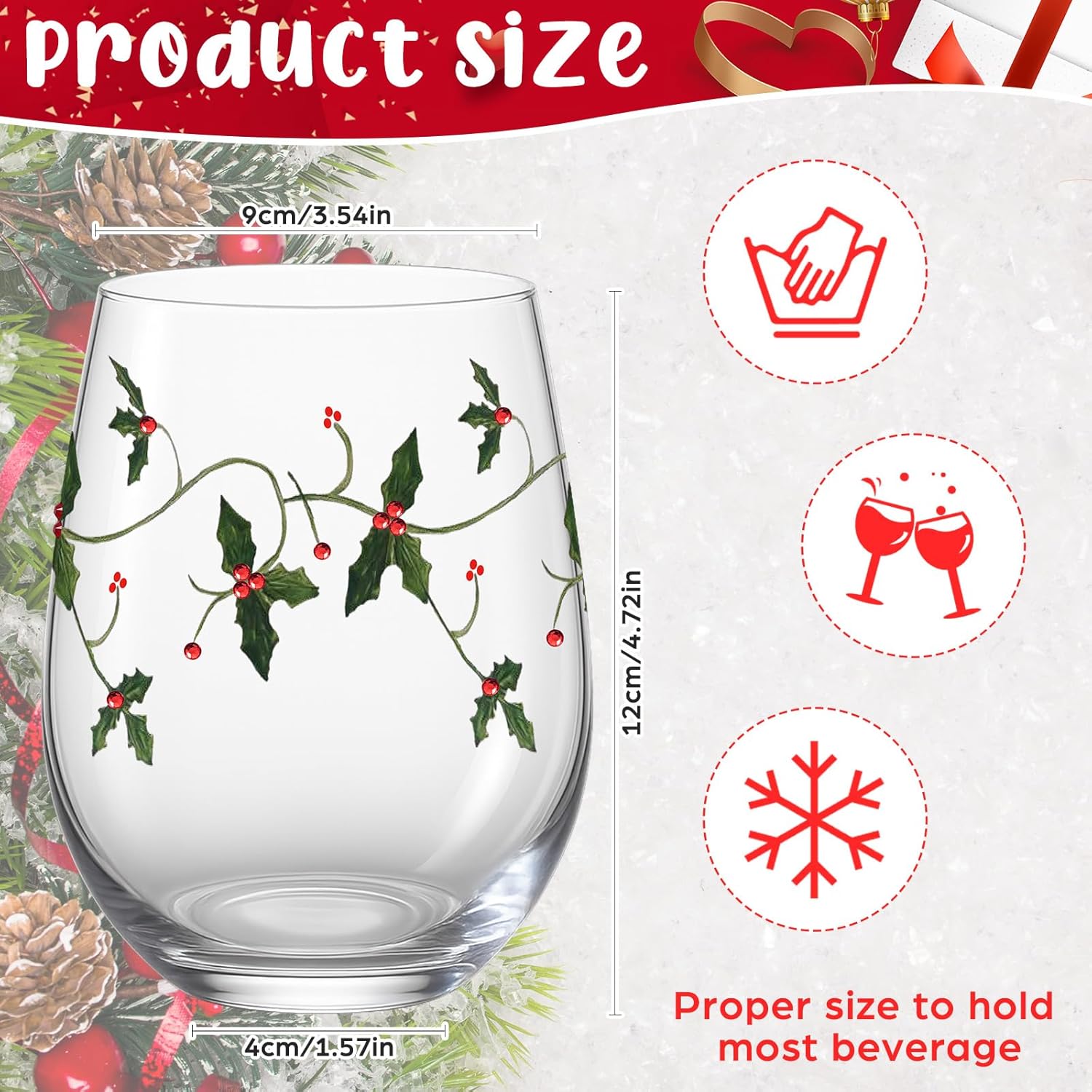 Vesici 4 Pcs Christmas Stemless Wine Glasses 19 oz Winter Leaf and Red Berry Wine Glasses Christmas Drinkware Set Xmas Birthday Gifts for Xmas Festive Party Supply - Image 3