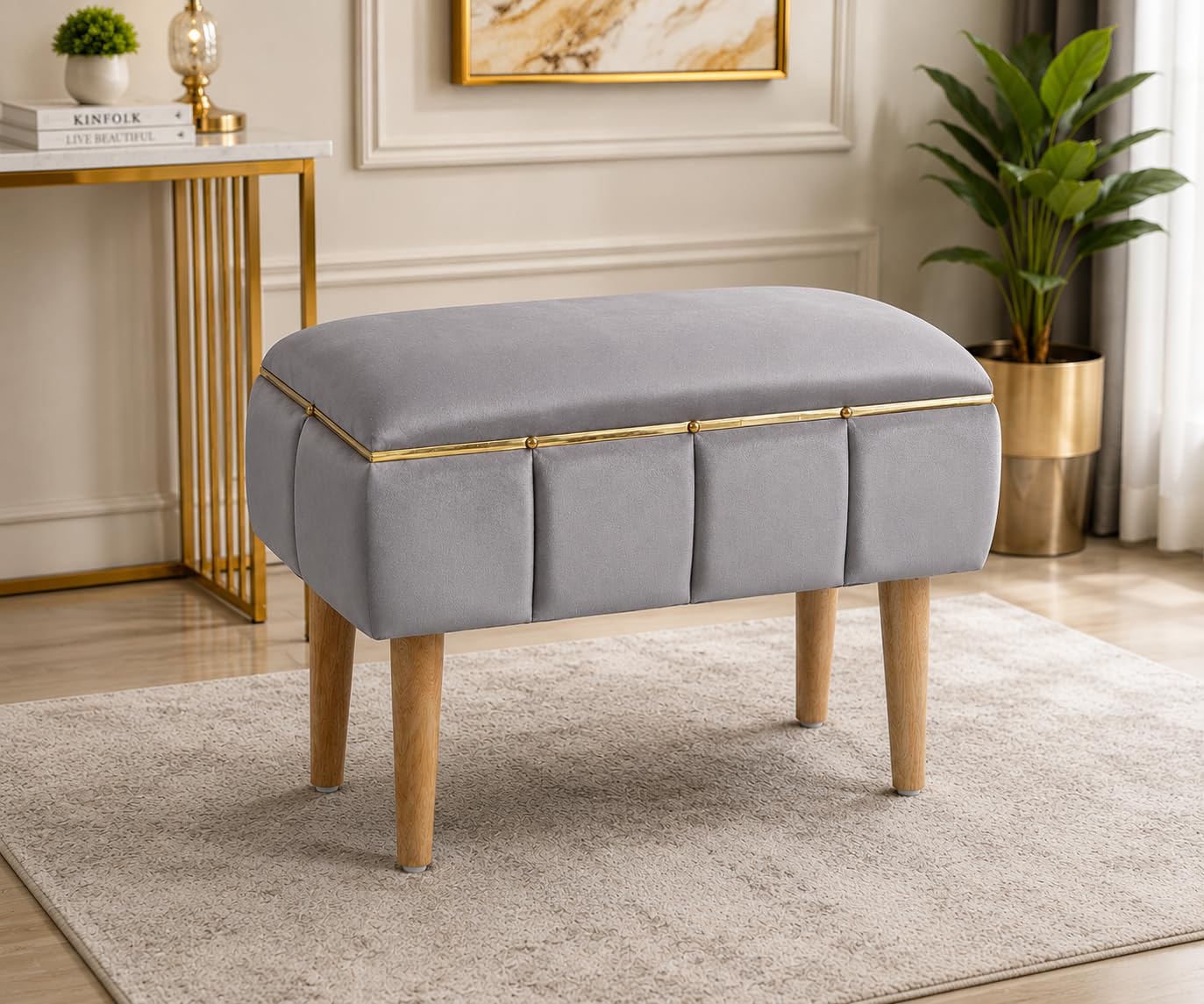 Velvet Upholstered Rectangular Ottoman Bench with Wooden Legs & Gold Accent Strip | Multipurpose Footrest & Seating Stool for Living Room, Bedroom & Dressing Area | 60x45x30 cm | Grey-image-19