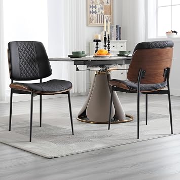 Set of 2 Dining Chairs, PU Leather Bentwood Metal Legs Accent, Black | Armless Kitchen Chair, Curved Walnut Style, Mid-Century Bentwood Side Chair, Retro for Dining Room & Kitchen, Metal Legs