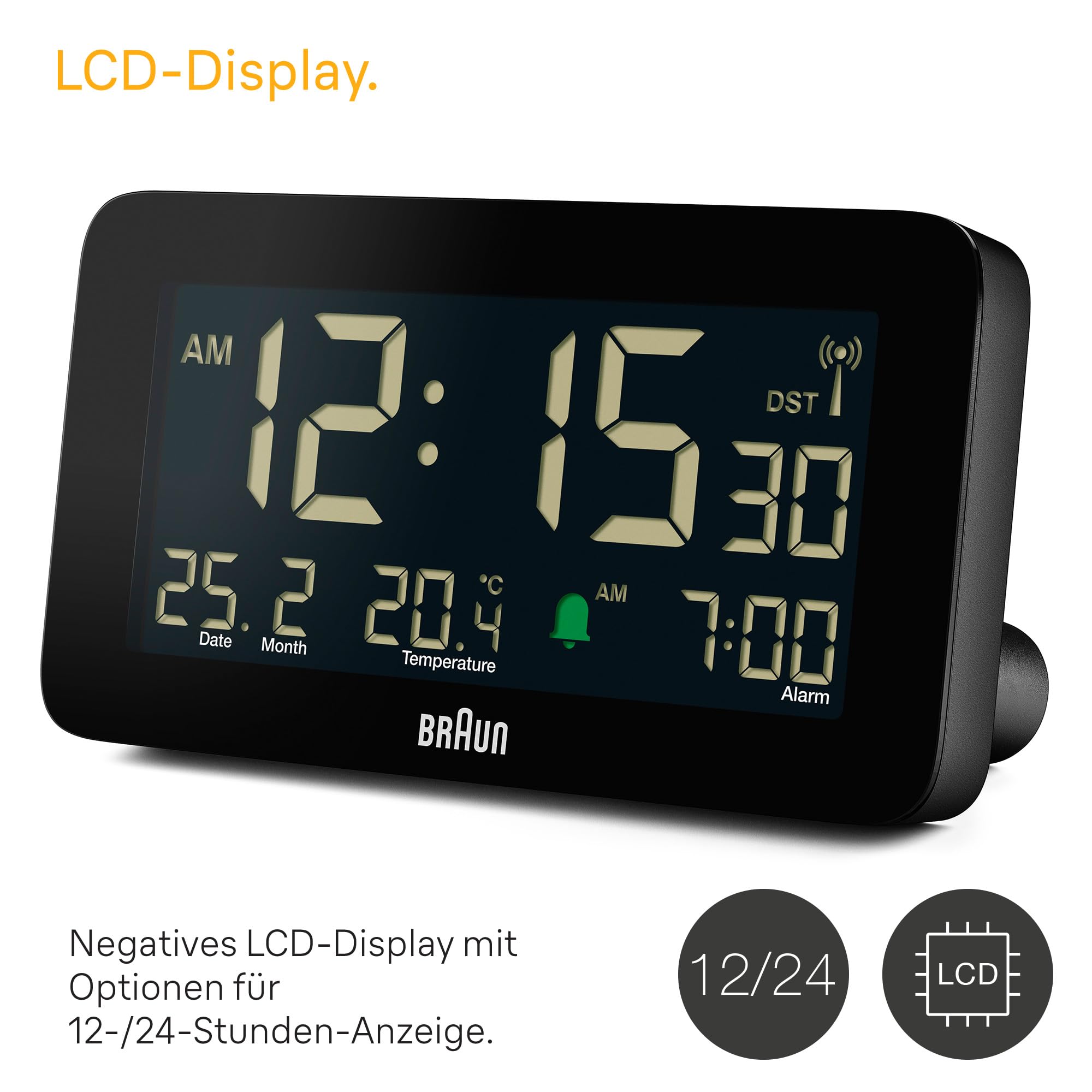 Braun Funk-Digitalwecker für die Mitteleuropäische Zeitzone (DCF) mit Datums-, Monats- und Temperaturanzeige, Negatives LCD-Display, Schnelleinstellung, schwarz, Modell BC10B-DCF