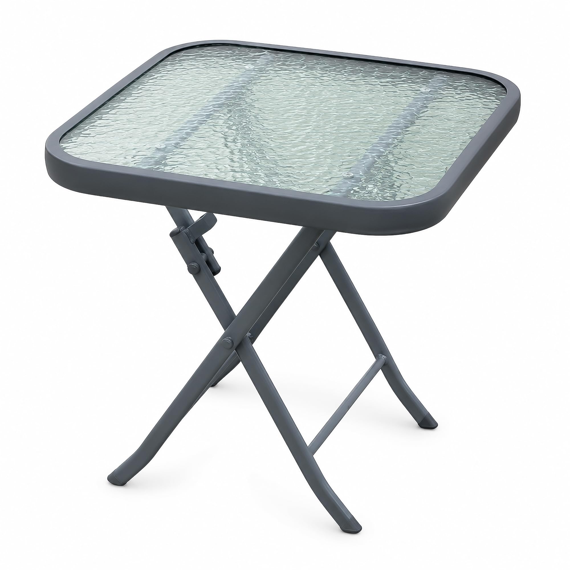 Garden Market Place Garden Side Table Folding Glass Top Outdoor Side Table with Powder Coated Steel Frame, Compact Round Patio Table for Garden, 45cm Square Top x 47cm Tall