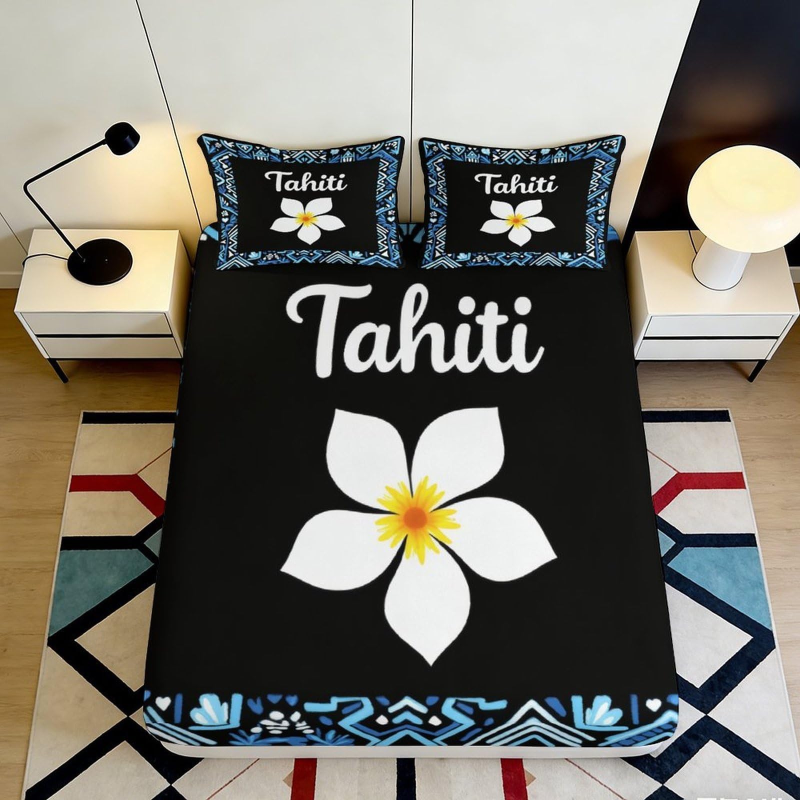3D Printed Tahiti Plumeria Fitted Sheet Microfiber Soft Black White Flower Bed Cover for Bedroom Guest Room Mattress Decor 90x200x25cm