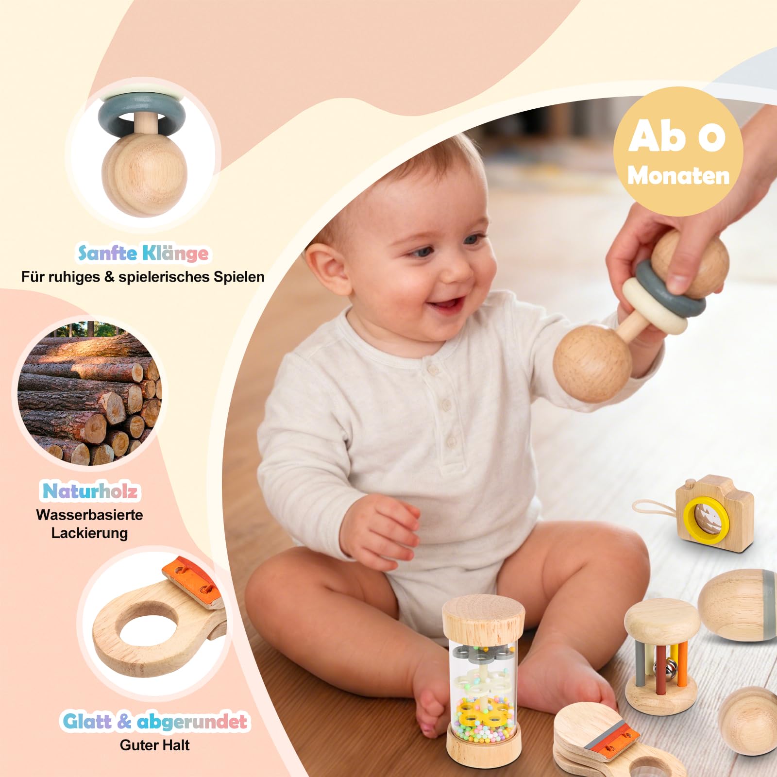 Montessori Holz Baby Spielzeug – 7-teiliges musikalisches Rassel- und Greifset aus Naturholz für 0–12 Monate, ideales Baby-Geschenkset inkl. Stoffbeutel