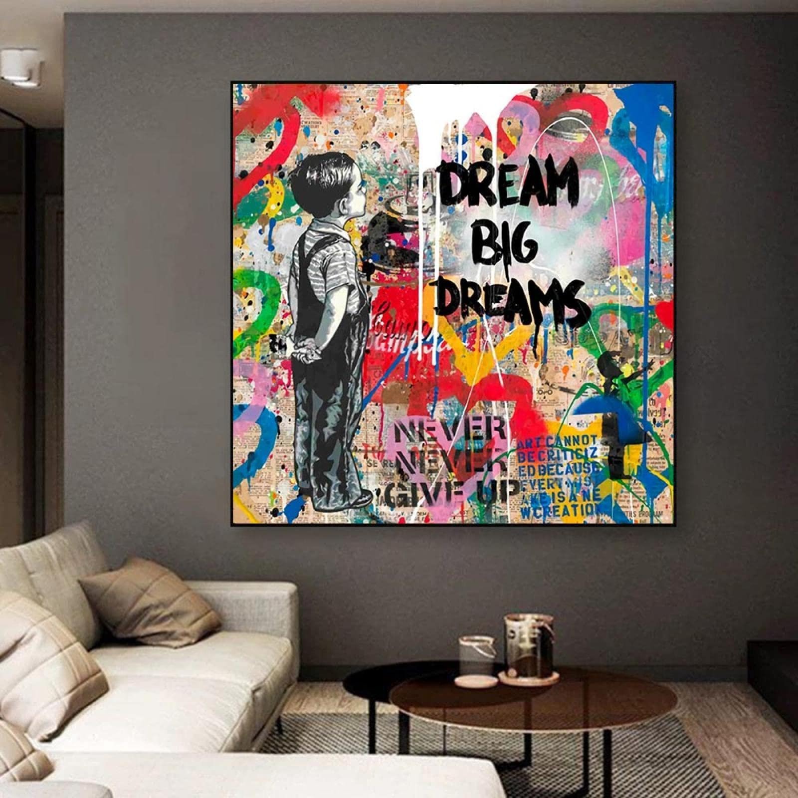 JACBON Banksy Artwork Graffiti Wall Art Drean Big Dreams Canvas Poster Street Art Painting Picture for Living Room Home Decor 80x80cm（32x32inch InternalFrame
