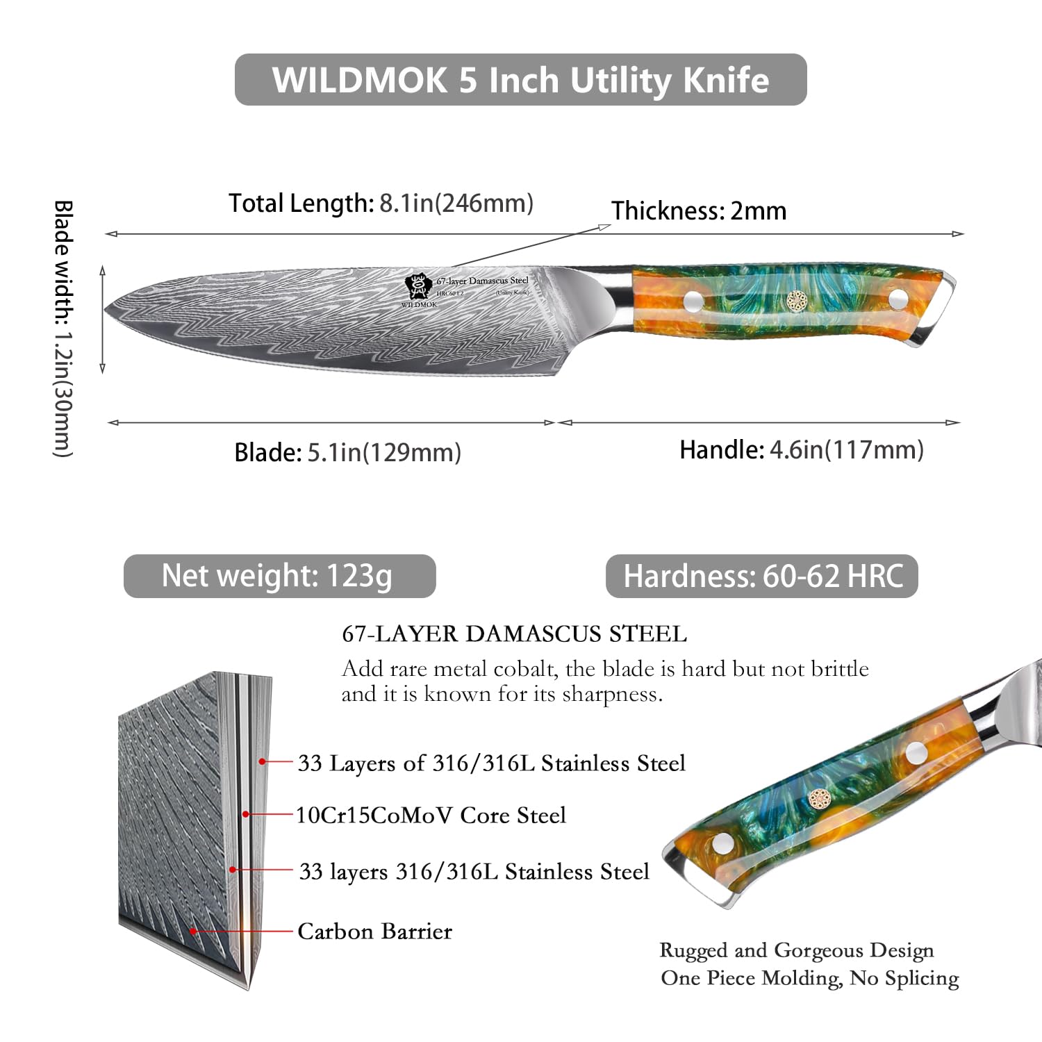 WILDMOK Cuchillo de cocina – Cuchillo multiusos para pelar cubitos, 5.0 in Damasco 67 capas de acero Damasco VG10, mango de resina profesional ultra afilado fuerte