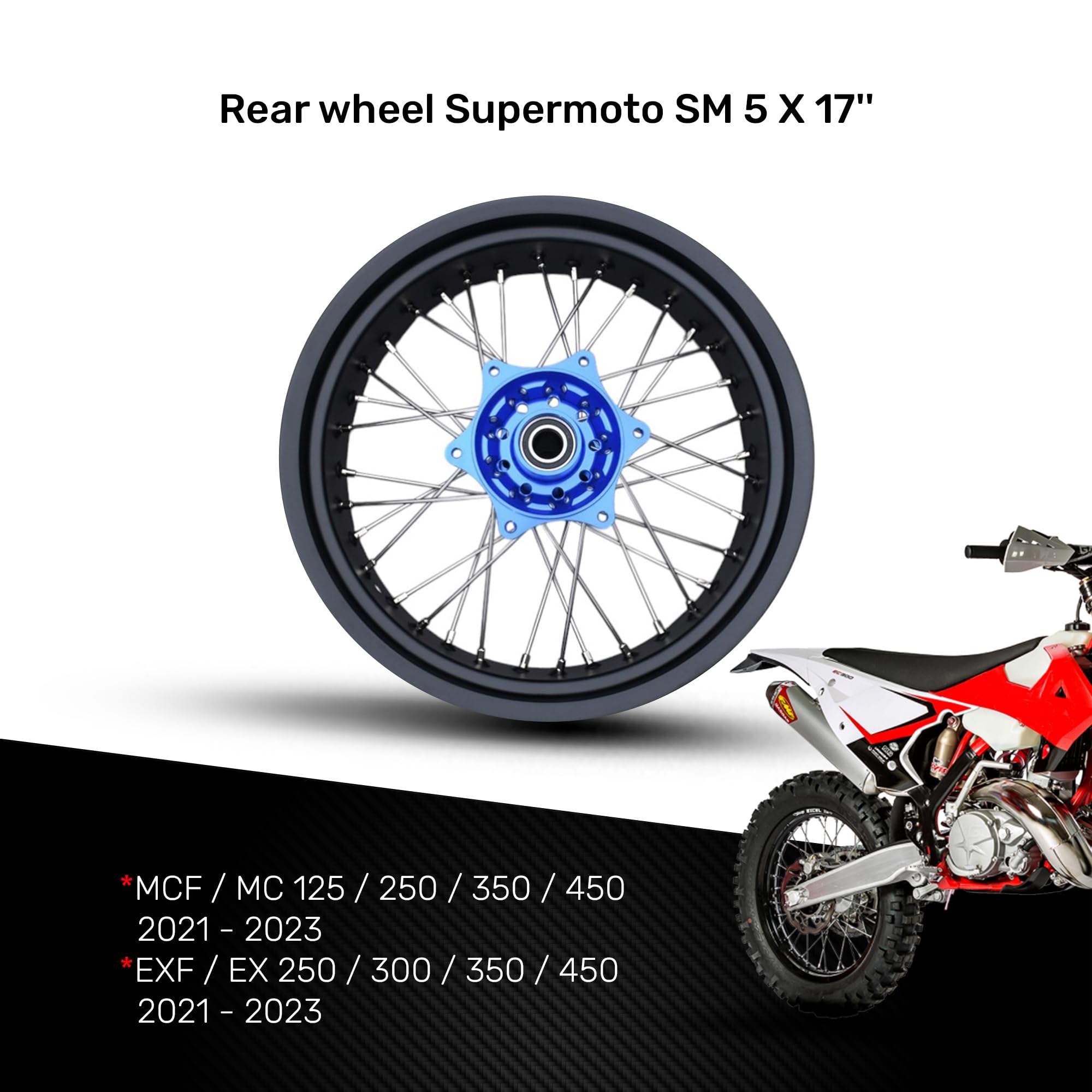 avdb -moto felga/szprychy koło tylne 5" x 17" kompatybilne z KTM SX 150 2013-2014, SXF 250 SX-F 2013-14, SXF 350 SX-F 2013-14, HUSQVARNA FS 450 FS450 16-22, GAGAS MC 125 21-23 Supermoto (niebieskie)