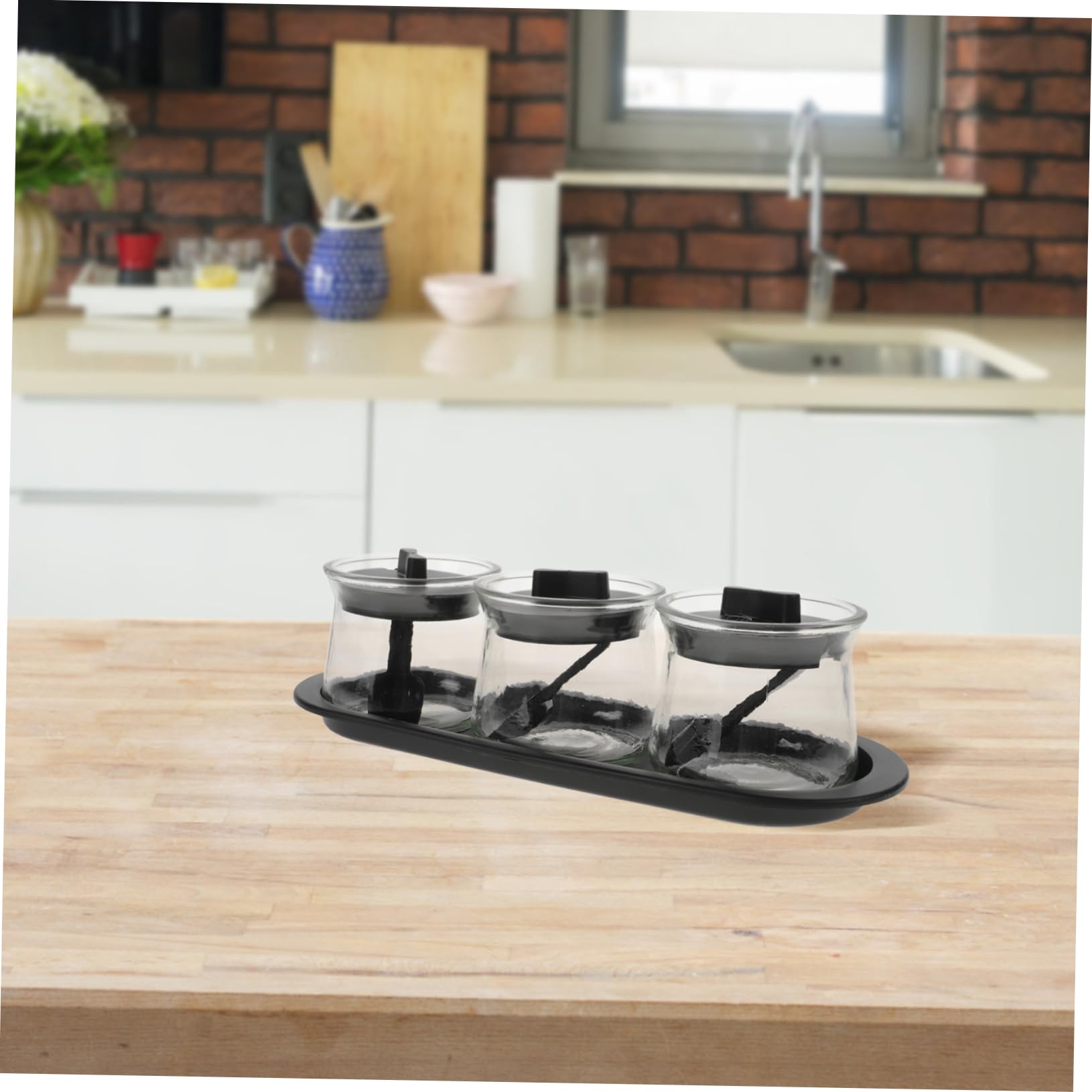 Set 3 Contenitori per Spezie da Cucina Trasparenti in Vetro Soda con Cucchiai Dosatori e Vassoio, Barattoli per Condimenti in Pp per Sale, Pepe e Salse, Pratici per Uso Quotidiano