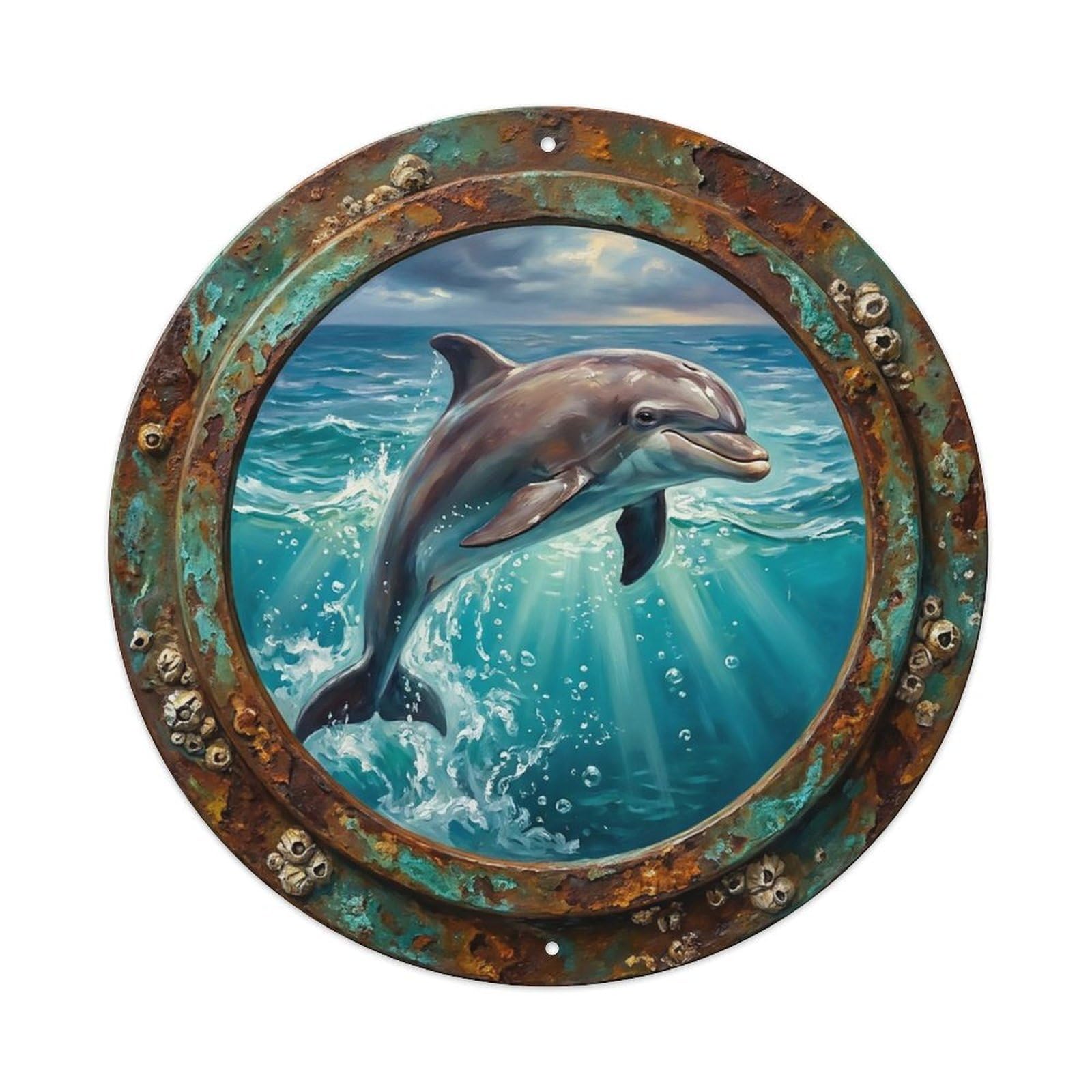 Vintage Porthole Dolphin Leaping Ship Window Undersea Deep Sea Metal Tin Sign