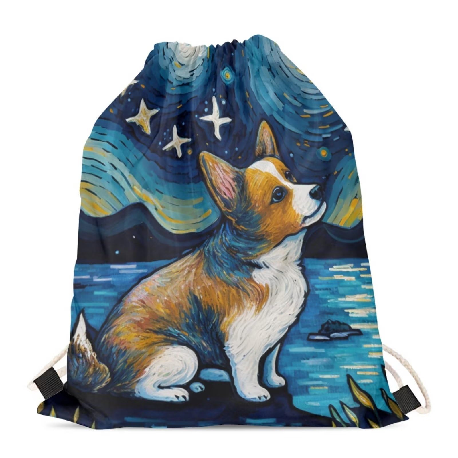 Showudesigns Corgi Drawstring Daypack Backpack Kids Adult Camping Hiking Gym Outdoor Travel Bag Gymsack Girls Gifts Blue Van Gogh Starry Night — image 1
