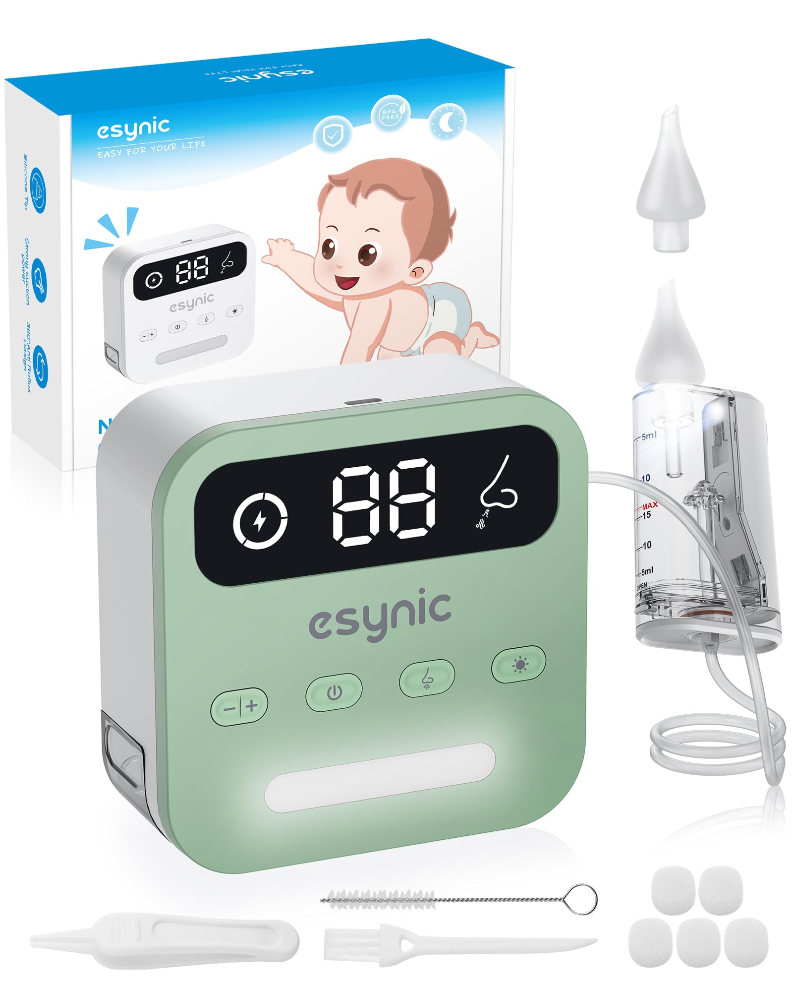 Aspirateur Nasal Électrique ESynic Pour Bébé - 9 Niveaux 65kPa - Rechargeable Avec Lampe Et Étui