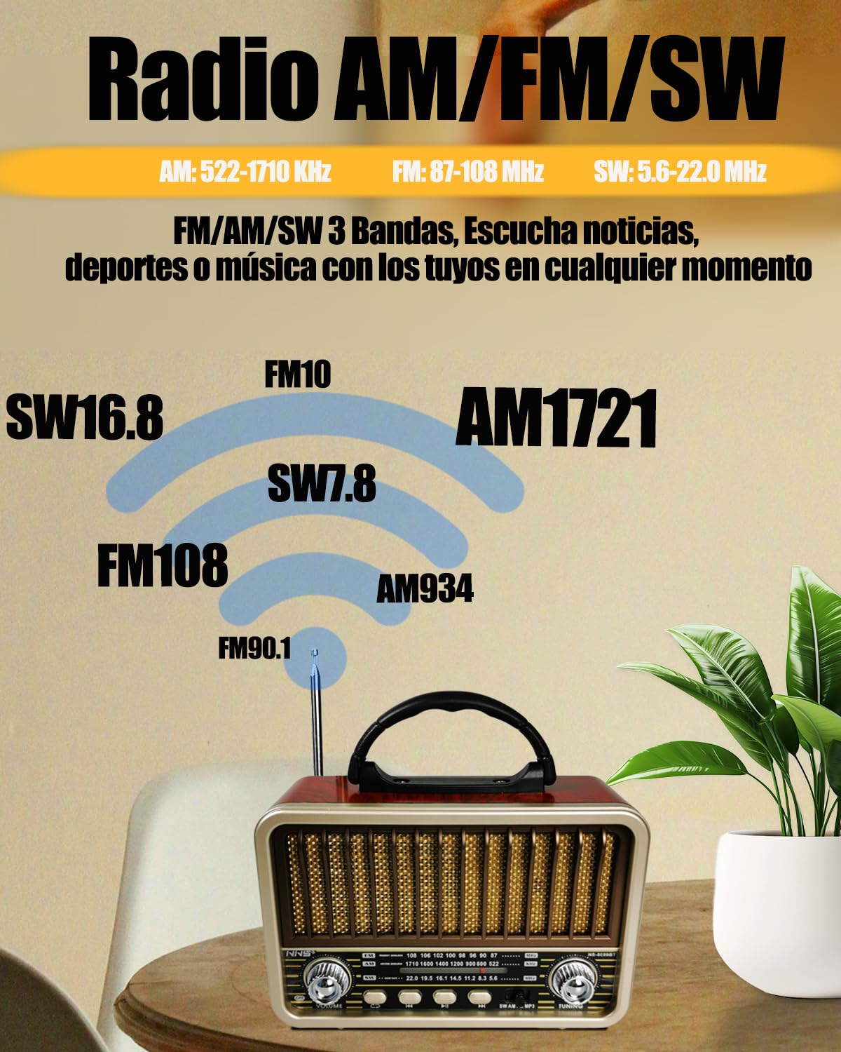 Radio Portátil Pequeña, AM/SW/FM, Bluetooth 5.0, Recargable, Soporte TWS/USB/Tarjeta TF, Retro para Cocina, Escritorio, Exterior (Blanco)