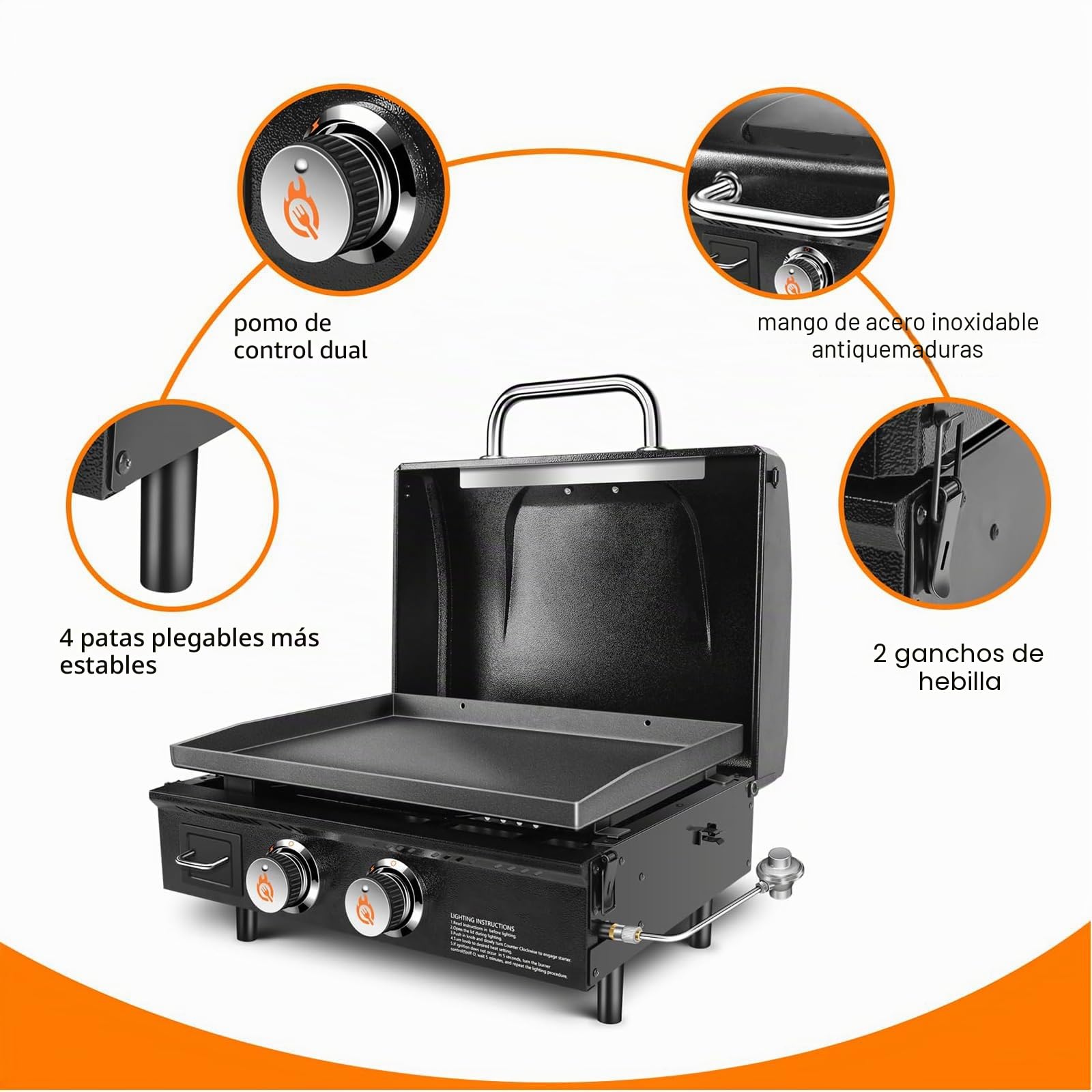 GFTIME Barbacoa de mesa con 2 quemadores, parrilla plancha de gas con parte superior plana, barbacoa de propano con bolsa de transporte, 55,9 cm, 43.800 BTU, revestimiento antiadherente cerámico con