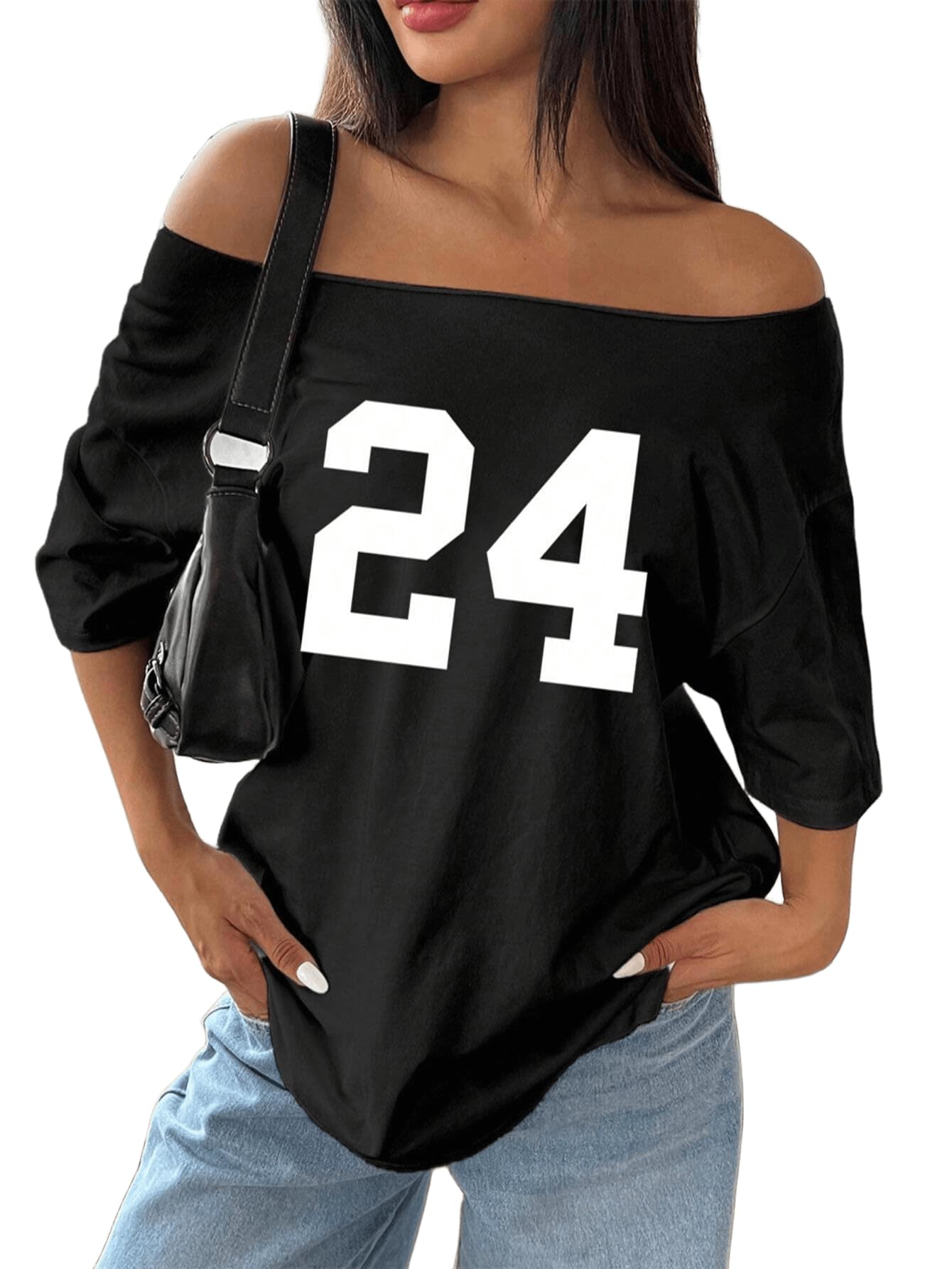 sxv style SXV 1pc Loose Off Shoulder Oversized T-Shirt with Number 24 Print Graphic Tees-picture-20
