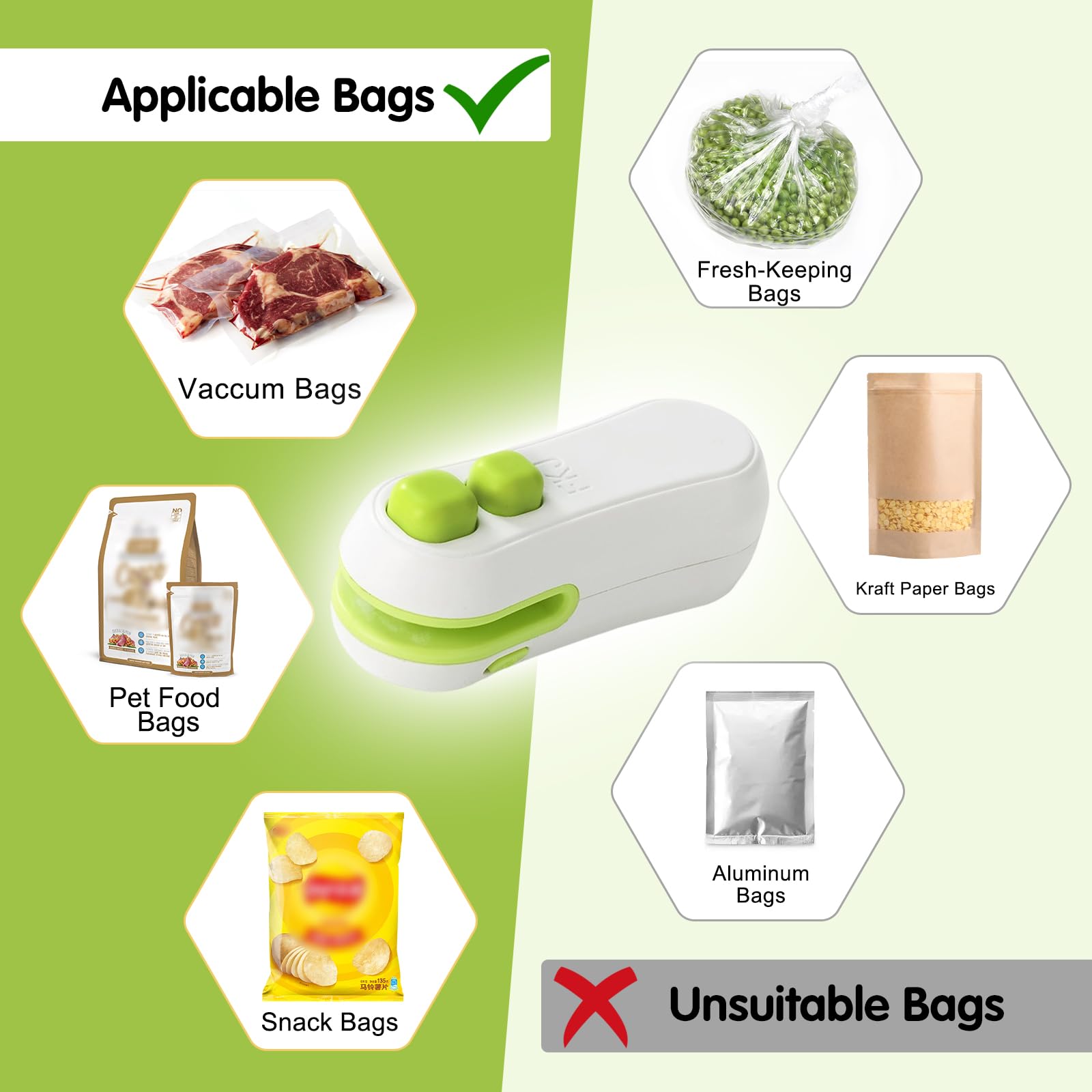 Mini sellador de bolsas, sellador de bolsas 2 en 1 actualizado 2025, sellador de bolsas de mano recargable con cortador e imán para aperitivos, bolsas de plástico, almacenamiento de alimentos, viajes