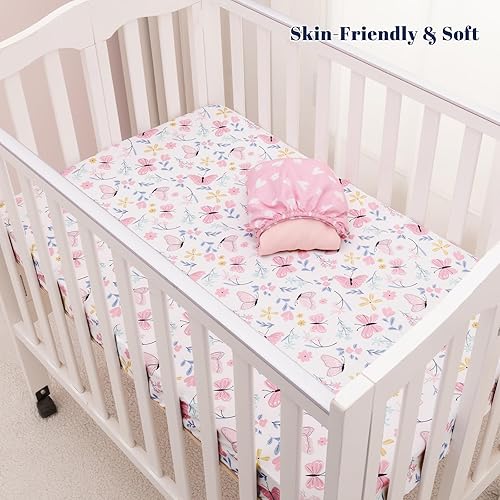 Miniatura 7 de PHF - Juego de 3 sábanas suaves para cuna, paquete de mariposas, para niñas, ajuste universal sin deslizamiento para Pack N Play, Playard, colchones