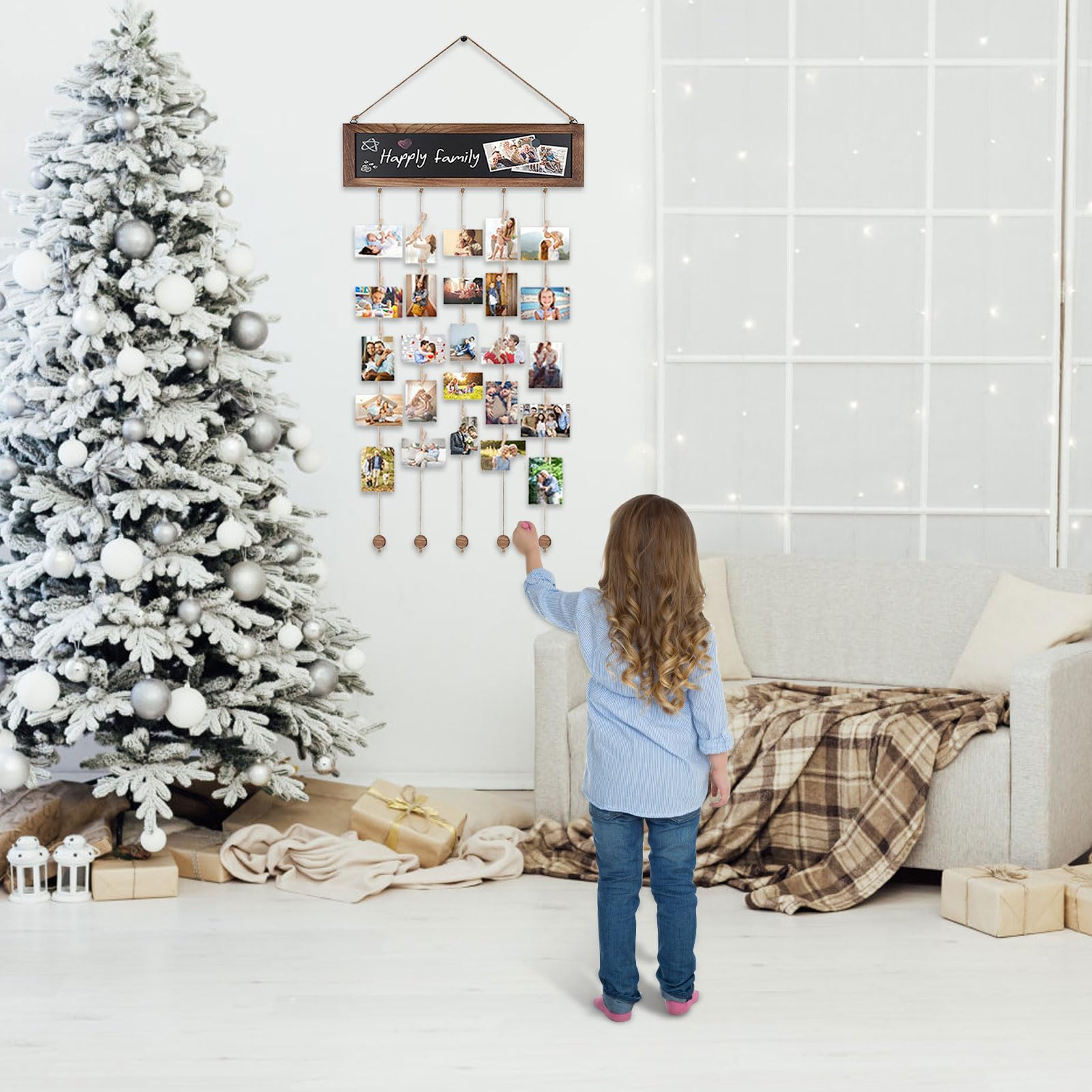 Porte Photo Mural avec 30 Clips en Bois, Tableau d'affichage Photo pour Décoration Maison