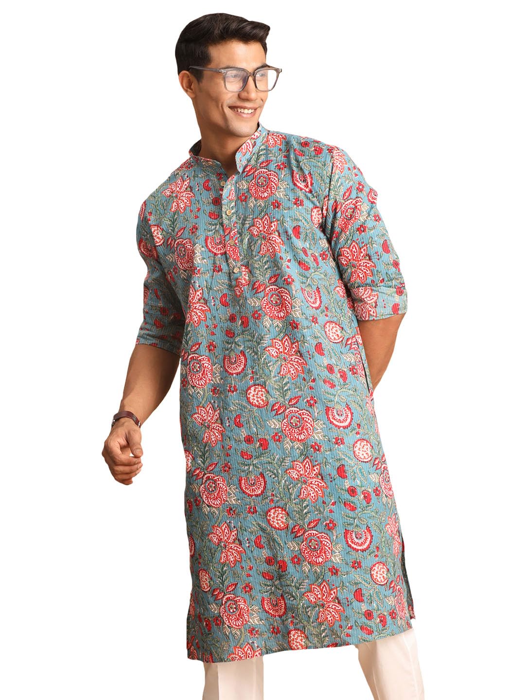shvaas by vastramay Printed Regular Men's Aqua Cotton Kurta-picture-13