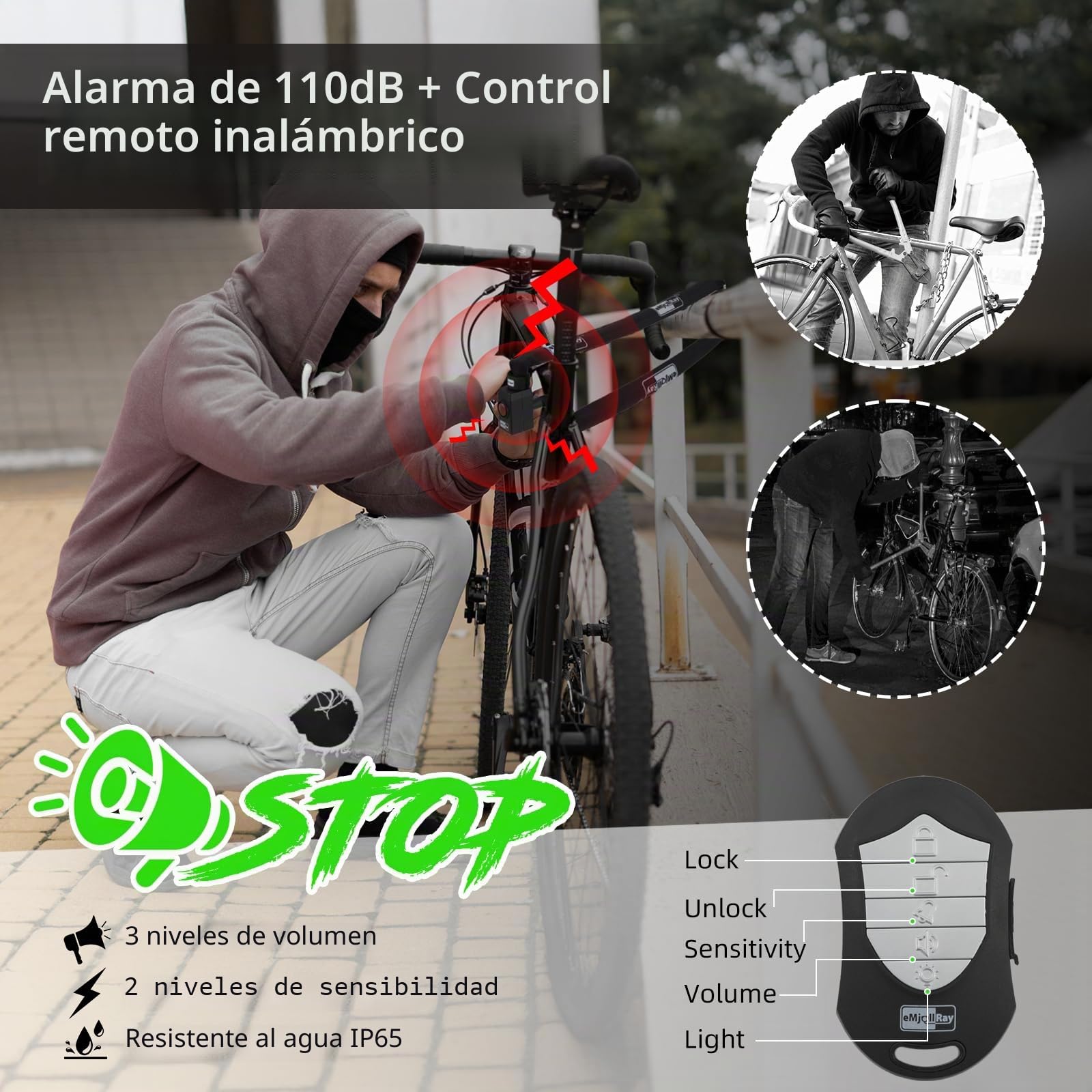 Candado de Bicicleta de 120cm con Alarma de 110dB, Candado de Cadena Antirrobo para Bicicleta Eléctrica, 8mm de Grosor, 2 Mandos a Distancia, 3 Llaves, Cable USB C