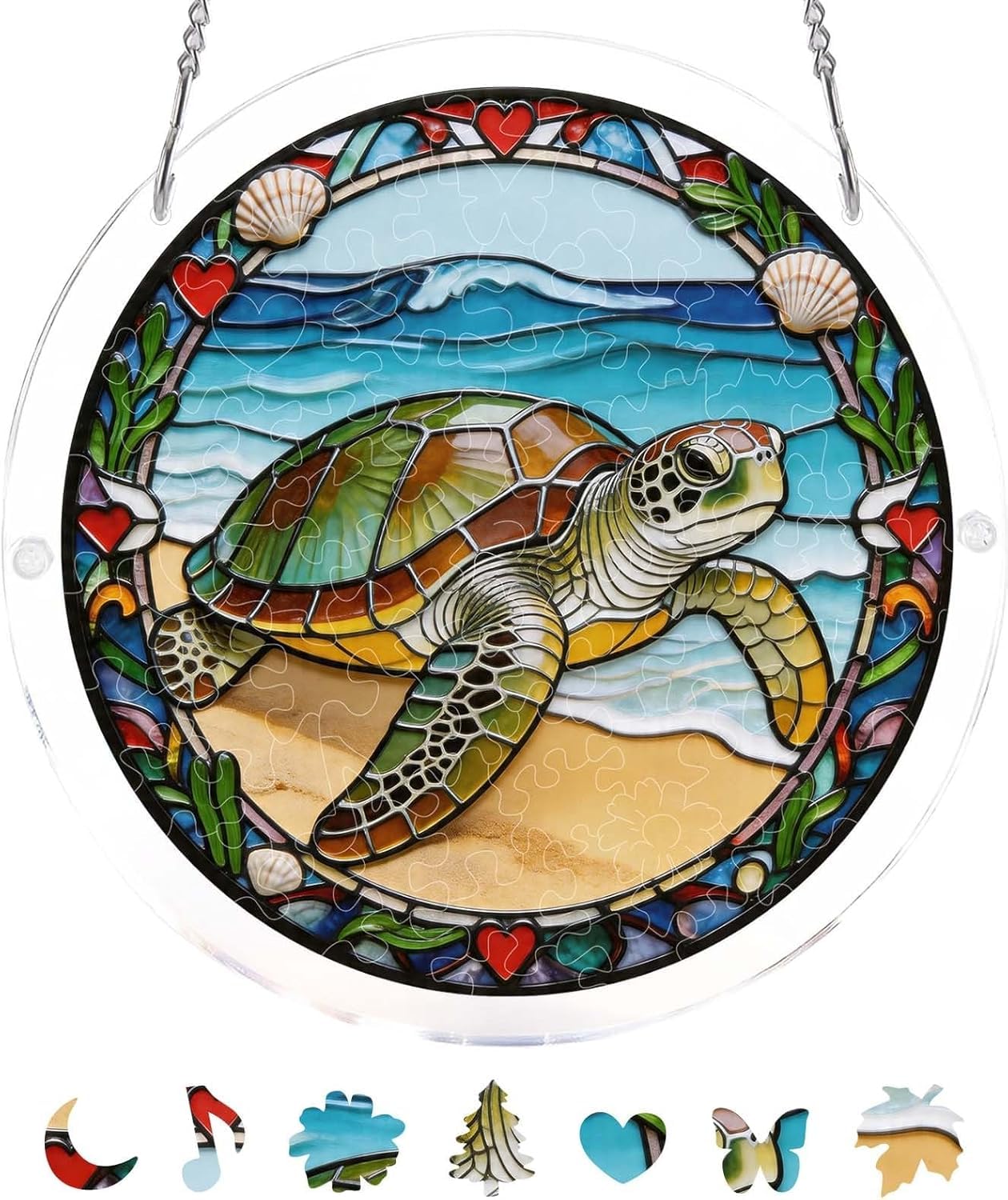 Acrylic Jigsaw Puzzle Suncatcher - 7.9in Sun Catcher Stained Glass Acrylic Puzzle, 83 Pieces Puzzle SunCatchers for Windows Home Decor Birthday Women Men Mom (Sea Turtle Beach)