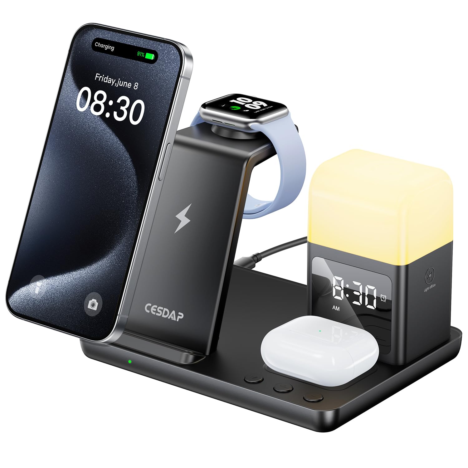 CESDAP Multifunctional Wireless Charging Station for Apple Charging Station for Multiple Devices with Alarm Clock and Night Light nightstand Charging Station