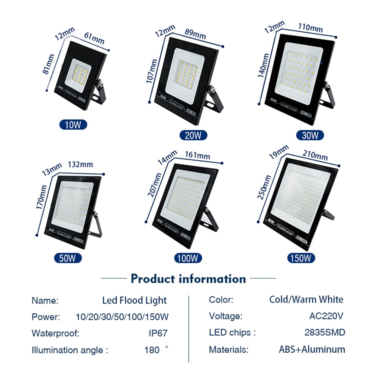 Naświetlacz LED, Światło Halonowe LED IP67 Wodoodporne 50W 100W 150W 200W Reflektory Zewnętrzne Garaż Uliczny Ogród Oświetlenie Podwórza(Warm White,150W)