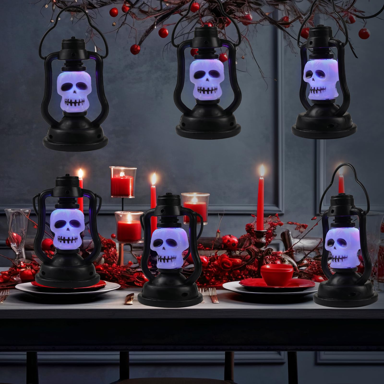 Ungfu MallHalloween Lantern Decorations Outdoor Indoor, 6 PCS Mini Hanging Plastic Skeleton Lights with Handle, LED Skull Lights Up for Kids Boys Girls Halloween Party Props Home Decor (Skeletons)
