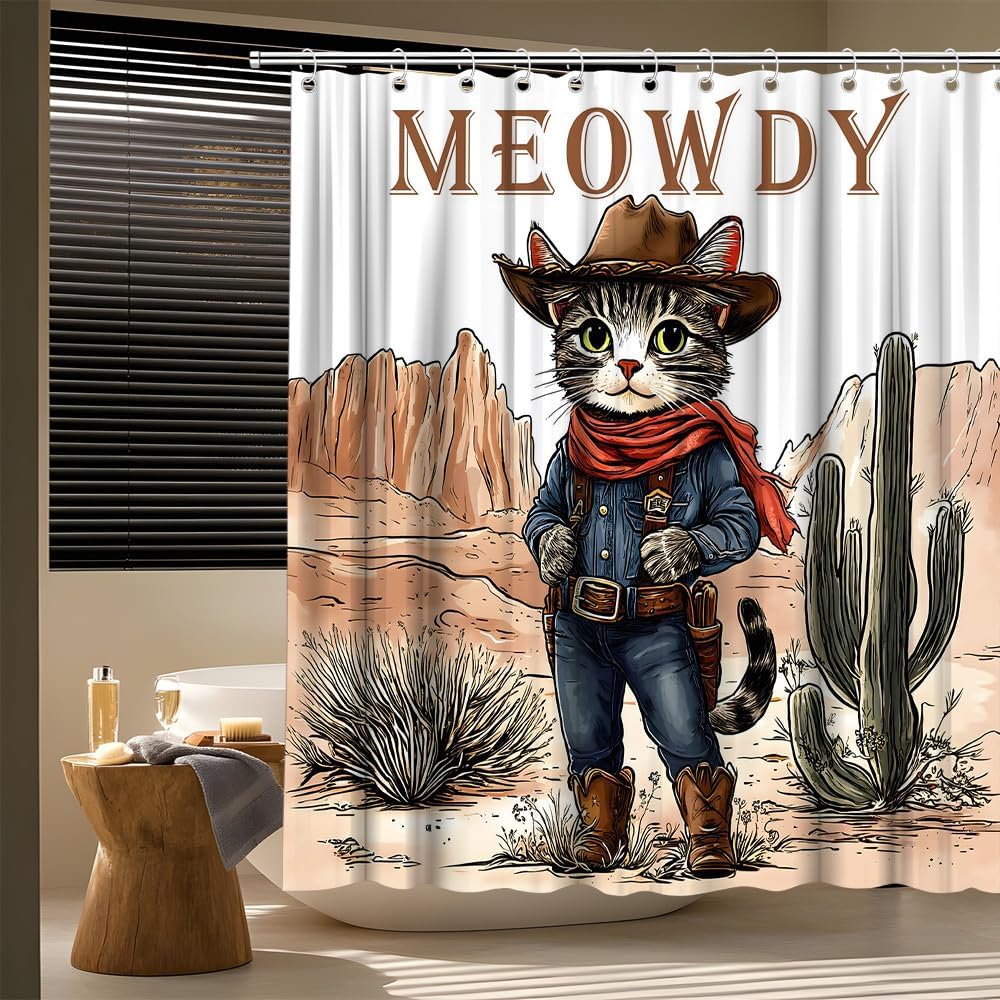 Funny Western Cat Shower Curtain Tropical Desert Cactus Mountain Watercolor Vintage Succulent Botanical Bath Curtain Fabric Bathroom Accessories Decor with Hooks 70W x90L