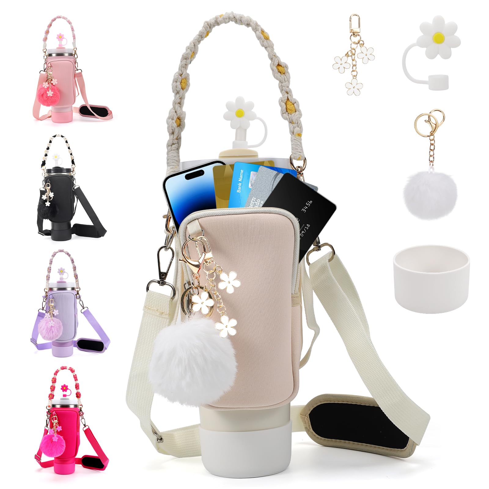 Stanley Cup Accessories Set Including Water Bottle Carrier Bag,Water Bottle Holder with Strap,Straw Cover,Stanley Charms,Silicone Boot for Stanley 40oz 30oz Tumbler