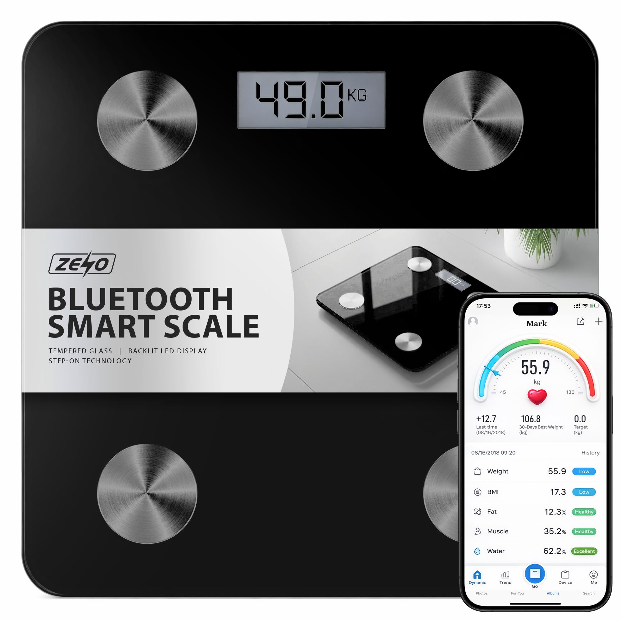 Digital Bathroom Scales 180KG | Smart Bluetooth Scales for Body Weight with Smartphone App & High Precision Measurements | Sturdy Tempered Glass | Backlit LED Display | Step-on Technology (Black)