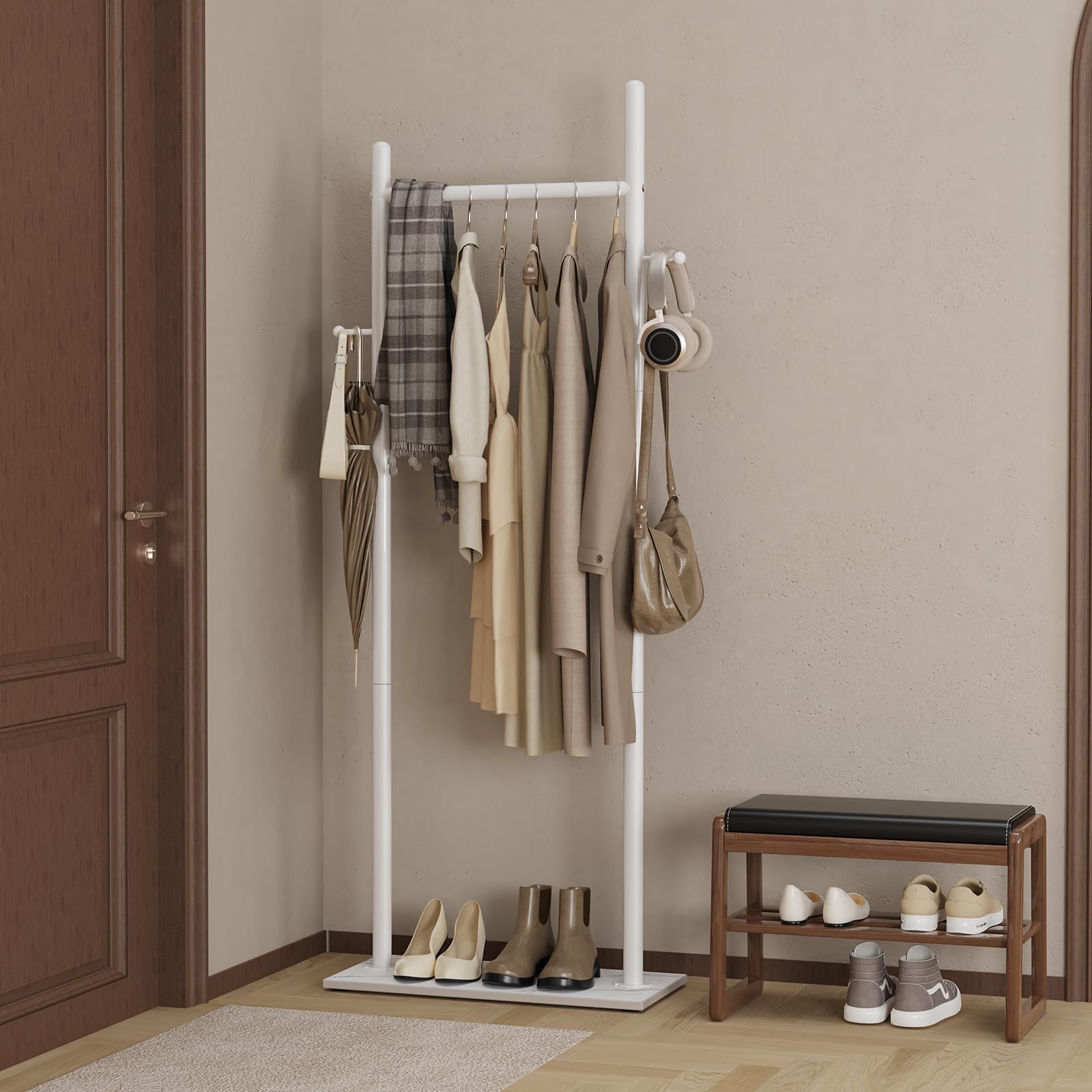 OUTBORS Metall Perchero de Pie, Burro para 50x30x175 cm, Blanco | Gran Perchas Independientes Moderno con Placa Inferior de Roca Gruesa y 2 Ganchos, Bastidor resistente