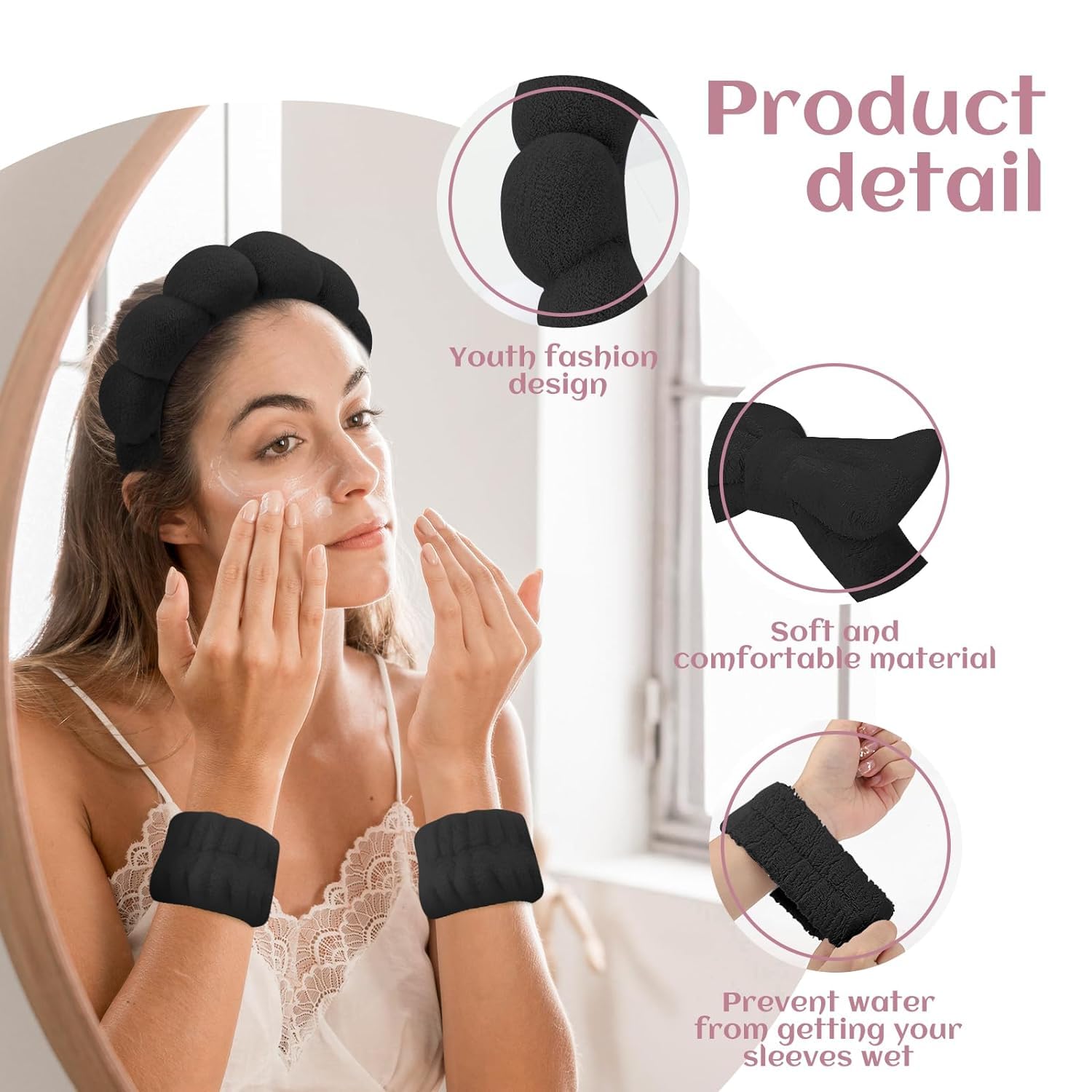 Bandeaux Spa Pour Femme - Ensemble 6 Pièces Avec Bandeau Maquillage, Bracelets Et Pinces (Noir)
