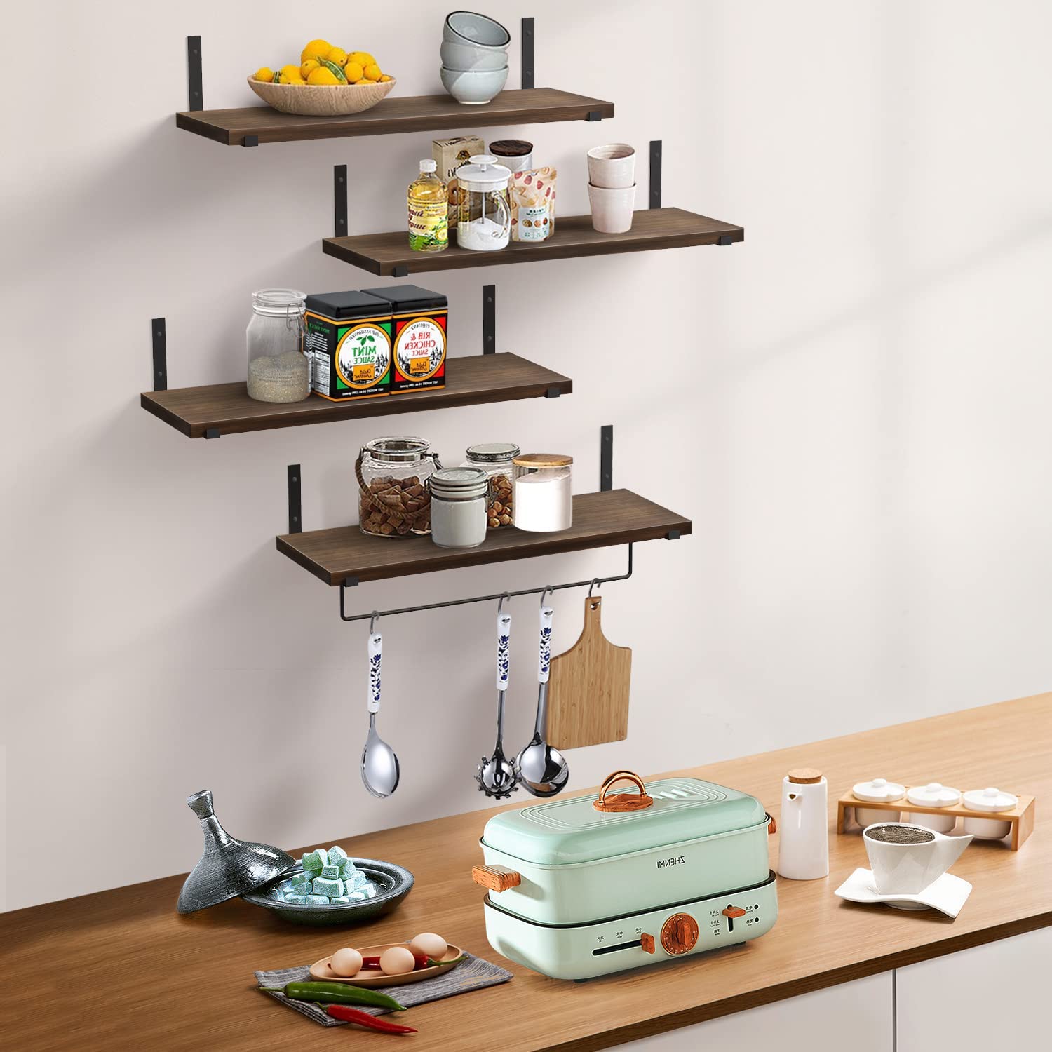 PNUOCDX Floating Shelves,Bathroom Shelf with Towel Bar,Farmhouse Wooden Wall Shelf for Wall Decor,Wooden Wall Shelf for Bedroom,Living Room,Kitchen,Set of 4 Brown