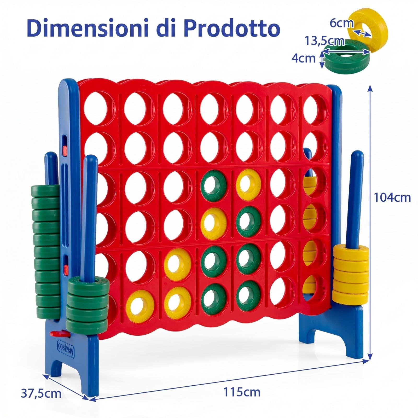 COSTWAY Forza 4 Gigante, Set Mega 4 in Linea per Bmabini e Adulti con 42 Anelli, Giant Connect Quattro di Fila da Esterno e Interno, Giocattolo Classico di Strategia in Plastica (Blu)