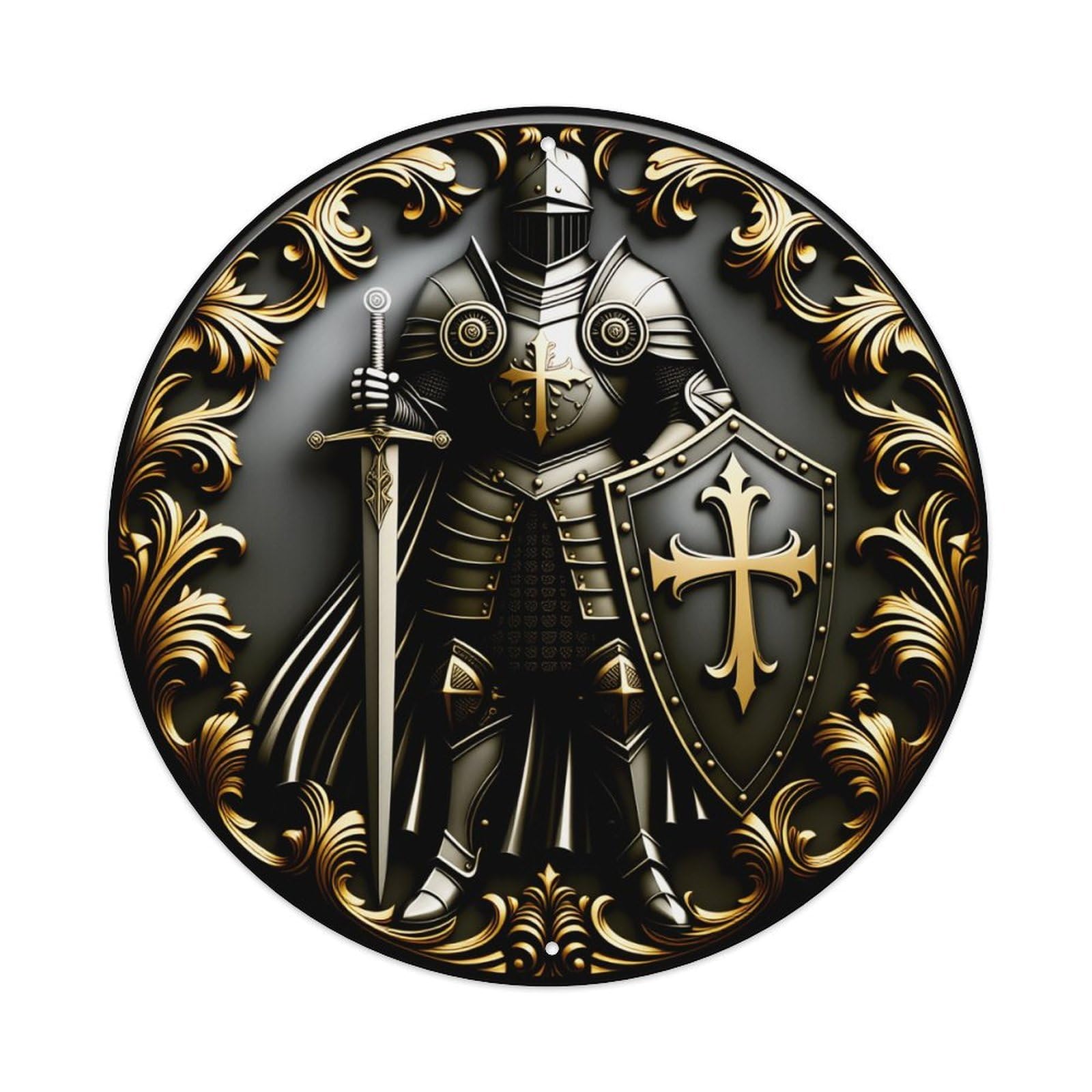 Wmlzdnwr Vintage Knight Armor Sword Shield Cross Gold Ornate Pattern Round Tin Sign,Retro Wall Art,Metal Poster For Home, Bar, Garage, Cafe, Rustic Indoor & Outdoor Decor, 8X8 Inches