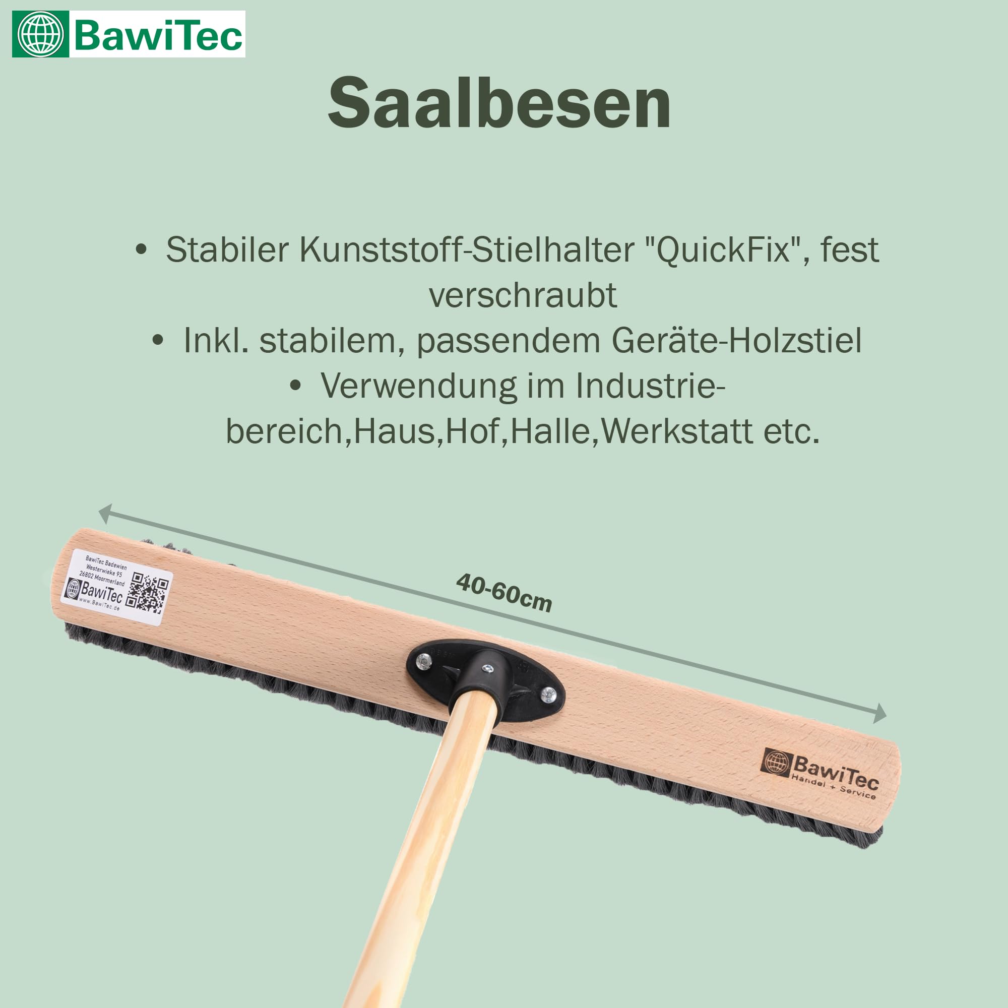 Saalbesen weiche Kunsthaar Borsten 60 cm Breit mit Stiel 160 cm Lang Holz | QuickFix-Stielhalterung, mit Holzstiel, Poly-Kunsthaarborsten, Industriebesen