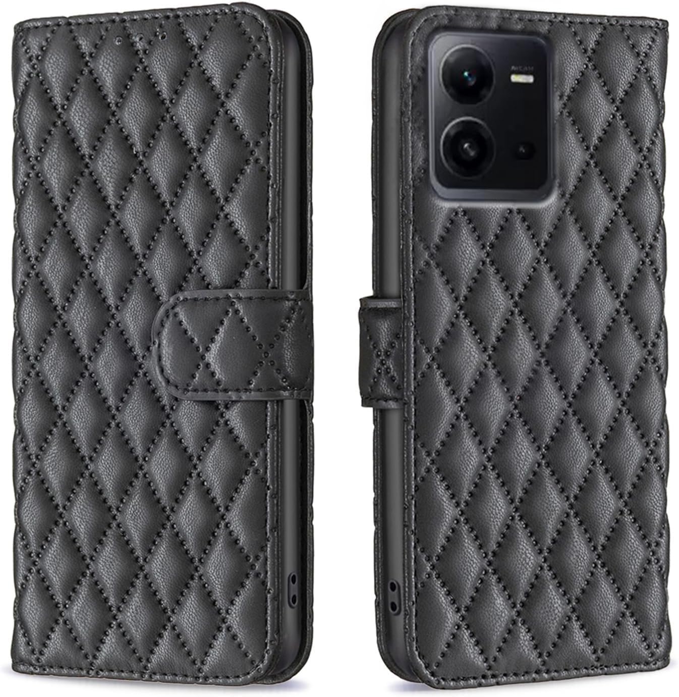 ClickCase for Vivo V25 5G Soft Faux Leather Puffer Case Magnetic Card Holder Wallet Video Stand Flip Cover (Black)-image-9